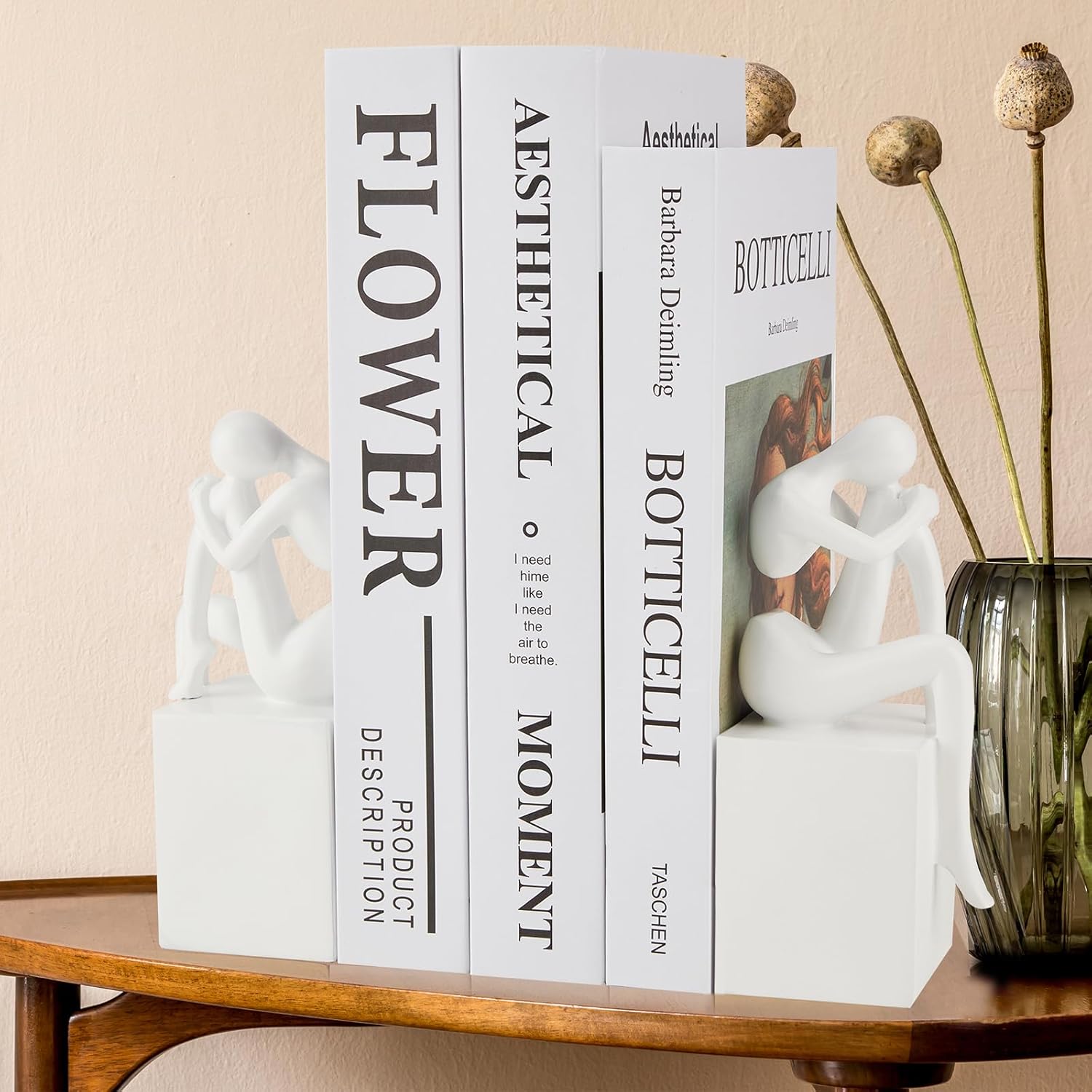 White Book Ends Decorative, Girl Thinker Design, Modern Bookends for Shelves, Non-Skid Heavy Duty Resin Book Stopper for Books, Bookends with Base, Resin, 1Pair/2Piece