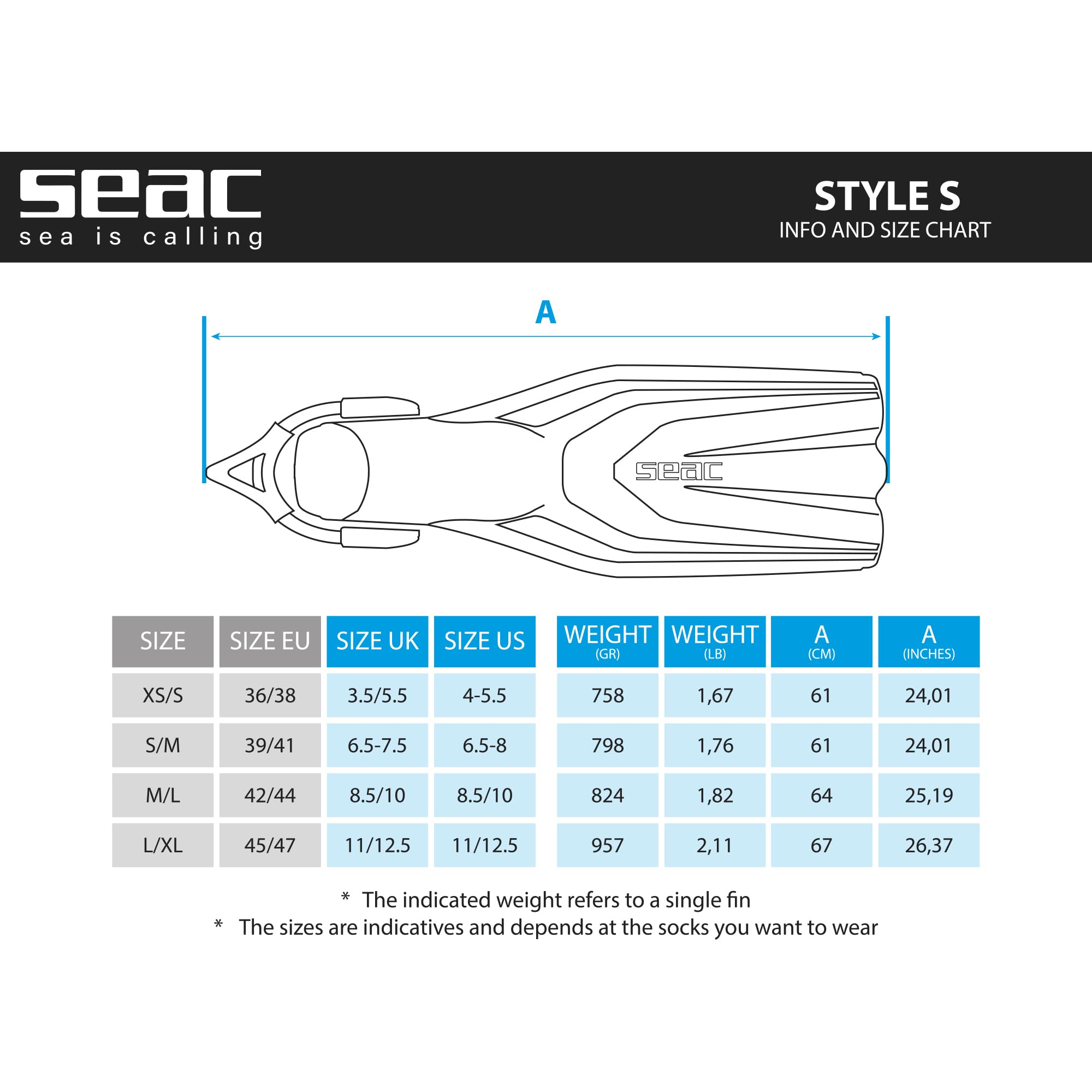 SEAC Style-S, Aletas Ultralivianas con Correa Elástica para Buceo