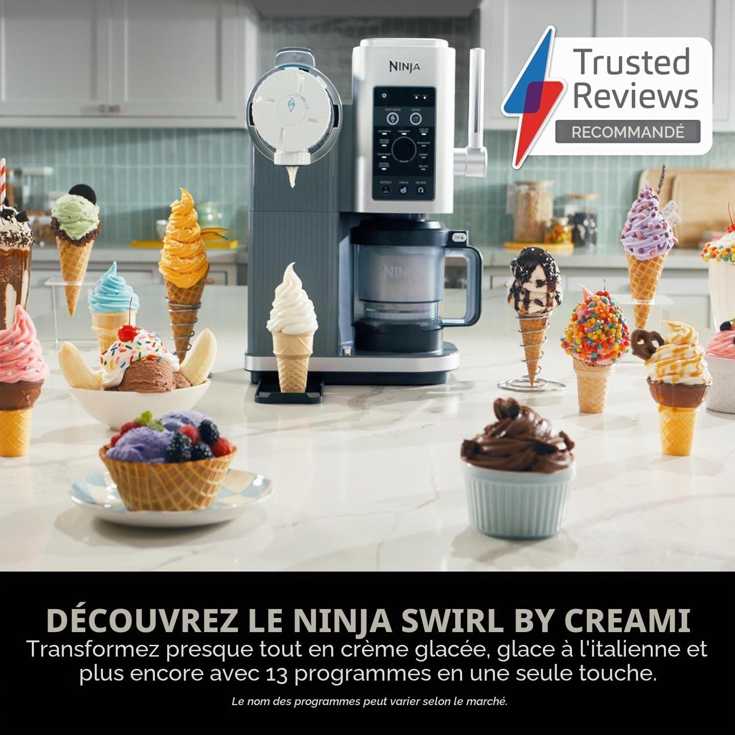 Ninja CREAMi NC701UK Swirl Machine à crème glacée avec 2 bacs 13 fonctions pour faire de la crème glacée, du gelato, du sorbet, des milkshakes et plus encore, option de mélange, argent platine