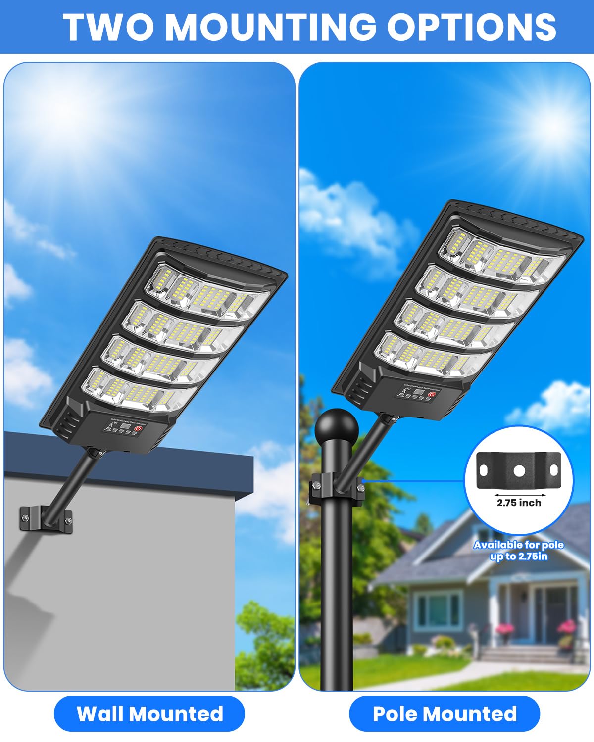 LEKIA Lampione Solare per Esterno, 6500K Lampada Stradale Solare con Sensore di Movimento, Telecomando, Impermeabili 320° Illuminazione Faretto Solari con Pannello per Giardino, Strada (2 Pezzi)