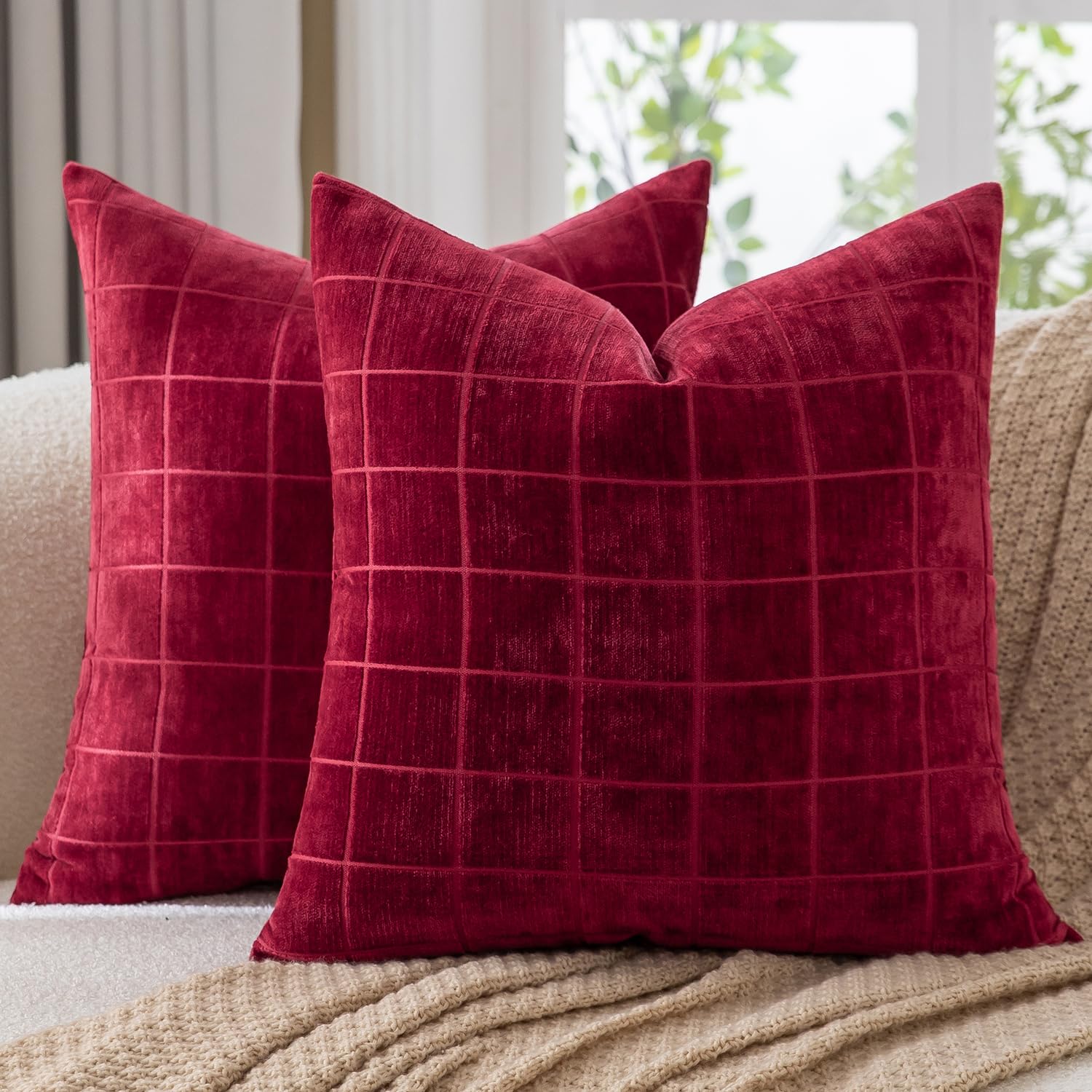 Mandioo Pack of 2 Chenille Check Cushion covers 60x60cm 24x24 Inch Vintage Plaid Decorative Pillow Covers Soft Velvet Backing Throw Pillow cases Farmhouse Sofa Couch Bed Living Room Burgundy โ image 1
