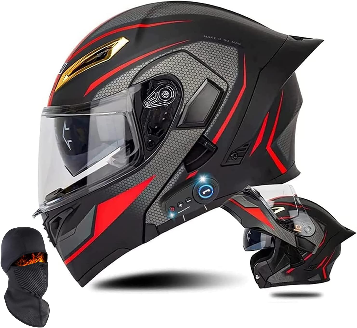 LZEFIA Bluetooth Motorcycle Helmets, Modular Full Face Flip Up Dual Visors Helmets