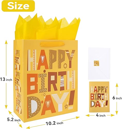 Miniatura 2 de Juego de bolsas de regalo amarillas grandes de 13 pulgadas con tarjeta de felicitación y papel de seda (amarillo feliz cumpleaños) para fiestas de