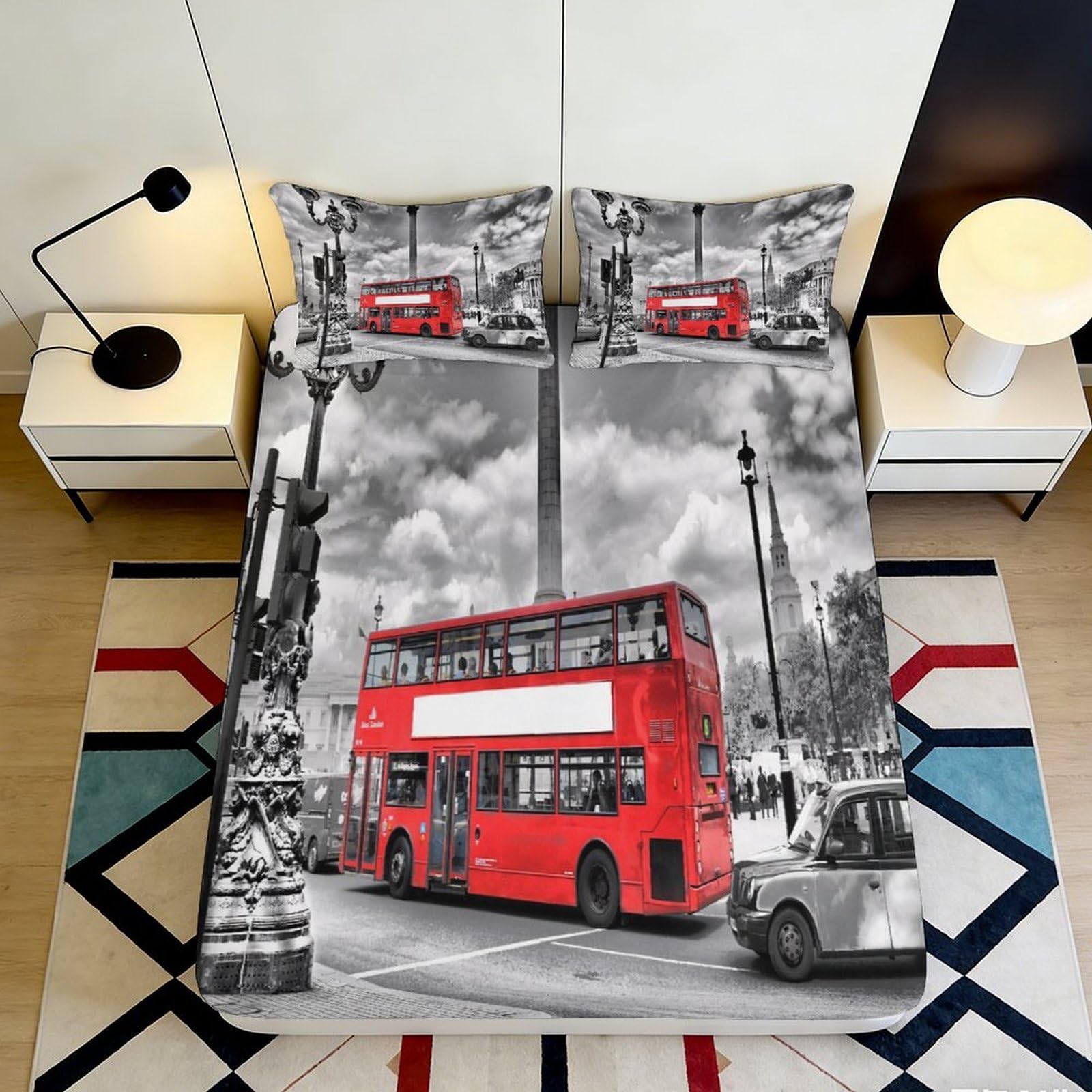 3D Printed London Red Bus Fitted Sheet Microfiber Soft Urban Street Mattress Cover for Bedroom Guest Room Decor 90x200x25cm