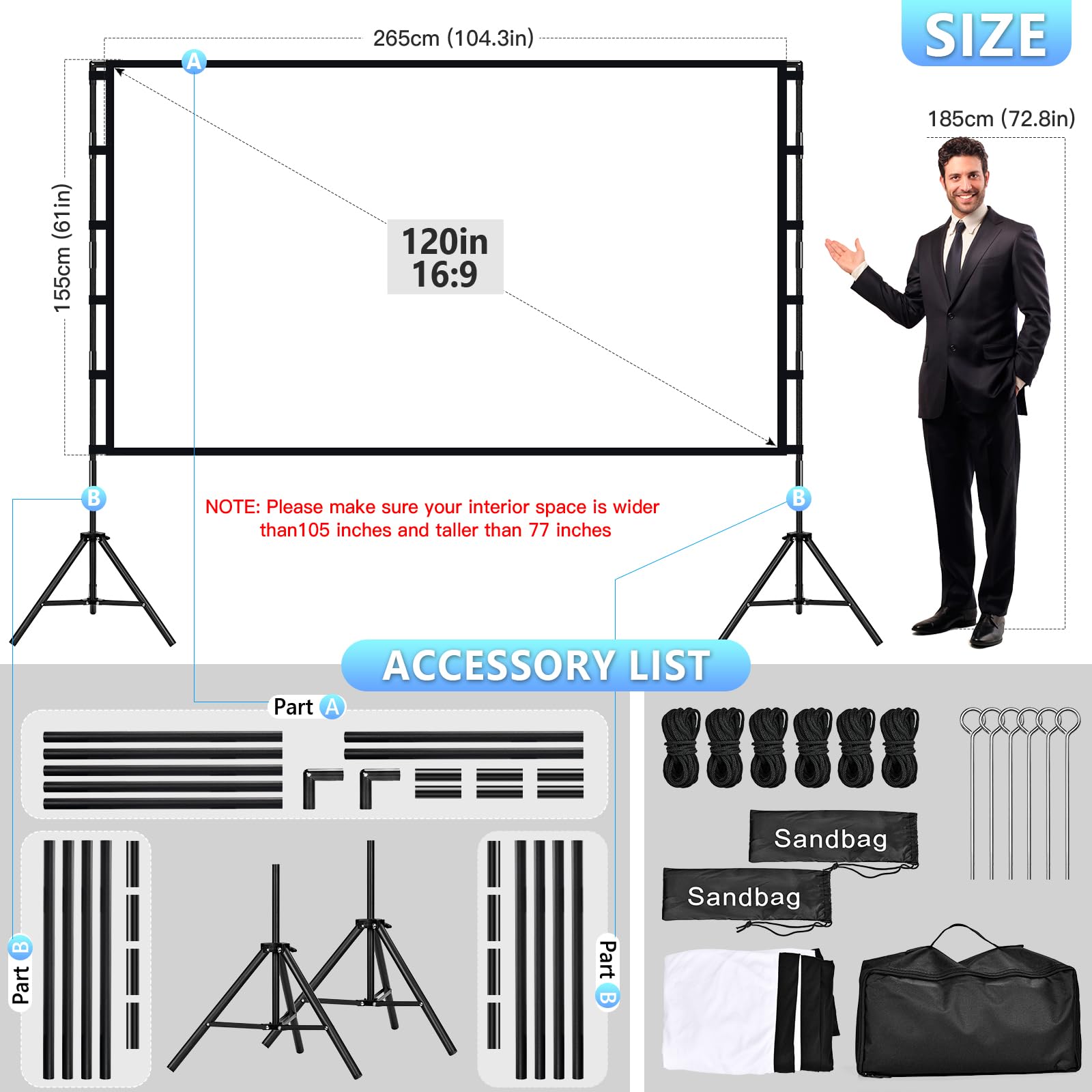 Gigmeta Schermo di Proiezione con Treppiede 120 Pollici, 4K HD Telo Proiettore Pieghevole 16:9, Antipiaga Lavabile per Home Theater Fronte e Retro, Portatile da Esterno