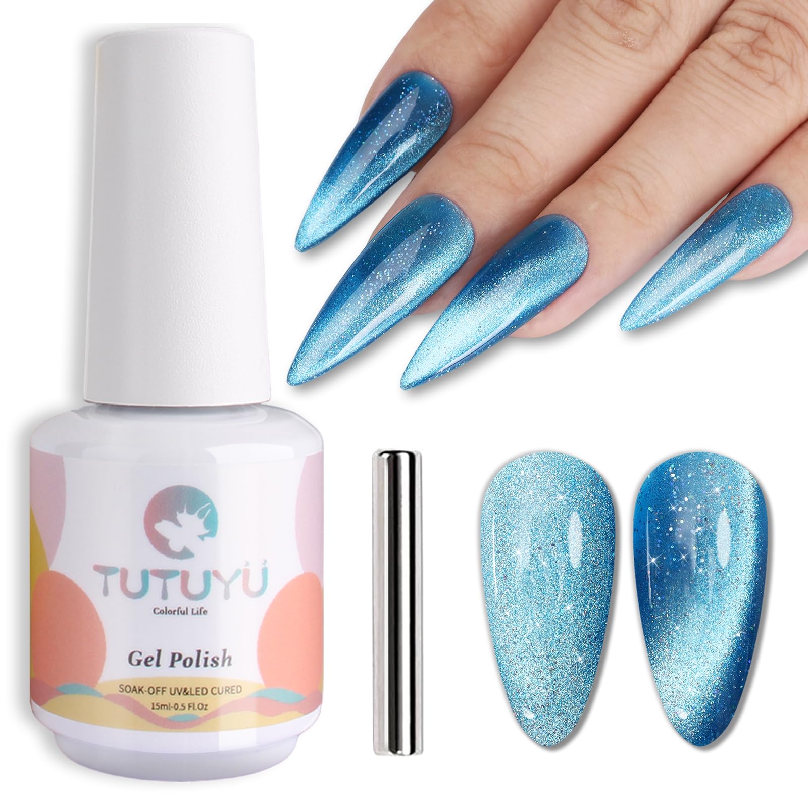 TUTUYU Blue Cat Eye Gel Nail Polish,Iridescent Quicksand Galaxy Holographic Blue Cateye Gel Polish with Magnet, Shimmer Velvet Soak Off Uv Led Home