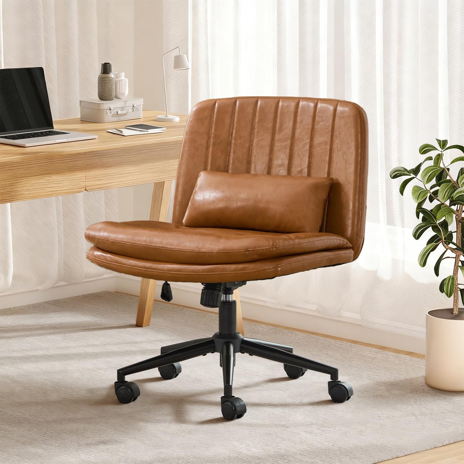 SAMERY Breiter Bürostuhl ohne Armlehnen, Doppellagiger Dicker Schreibtischstuhl Schneidersitz Stuhl mit Rollen, Höhenverstellbar Drehstuhl Computerstuhl Home Office Stuhl (Braun, Mit Rädern)