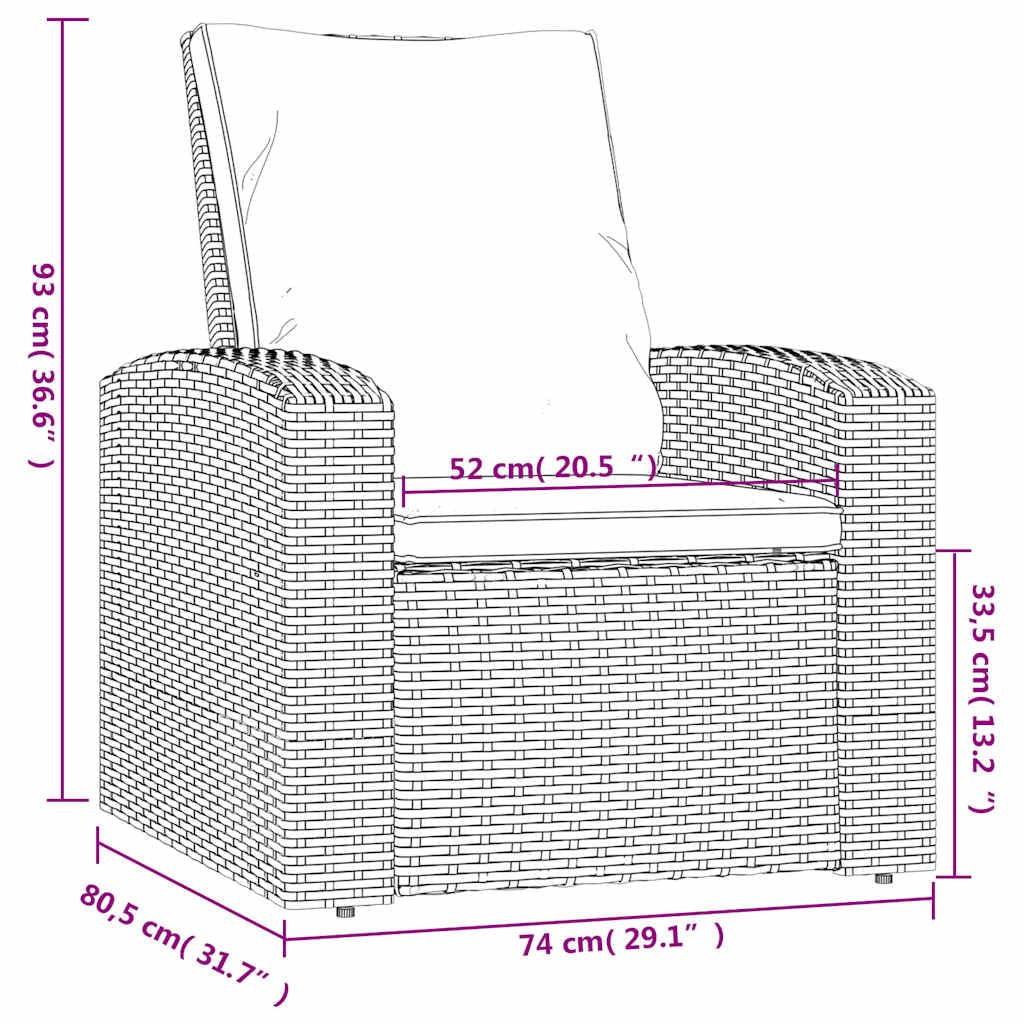 vidaXL Poltrona Reclinabile Giardino Cuscini Marrone Chiaro Polyrattan