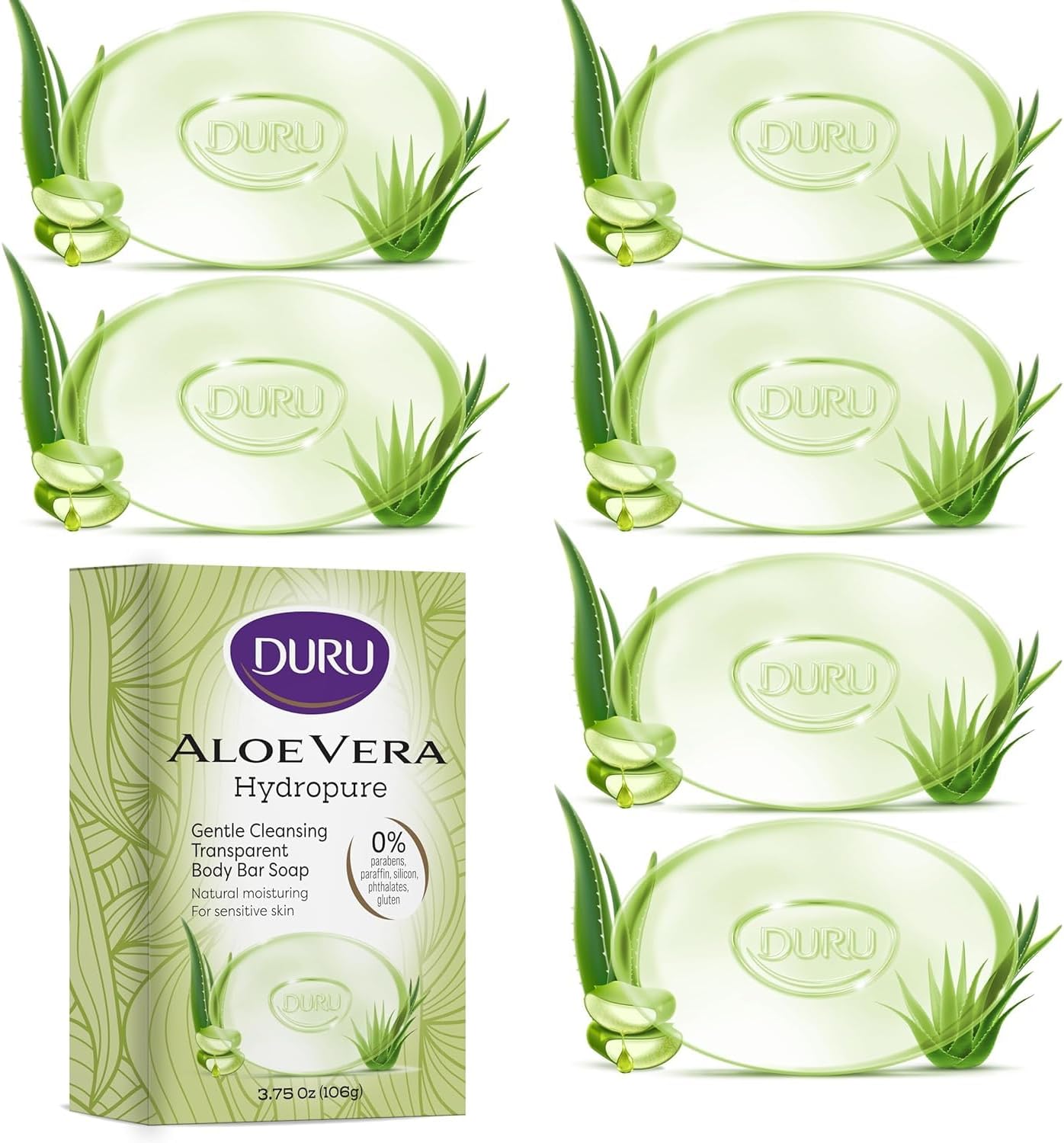 Aloe Vera Glycerin Bar Soap Cleansing Bar Moisturizing Sensitive Skin - Vegan Transparent Paraben Free Alcohol Free Silicone Free Phthalete Free Gluten Free Body Wash - Pack of 6