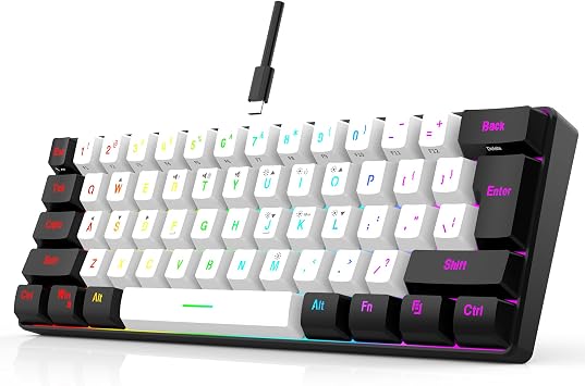 7KEYS 60% Wired Mini Gaming Keyboard, 14+ Mode RGB Light up, 25 Keys Anti-ghosting Mechanical Feel, Portable Ultra Compact 61-Key Black and White for Office Computer/PC/MAC/Laptop