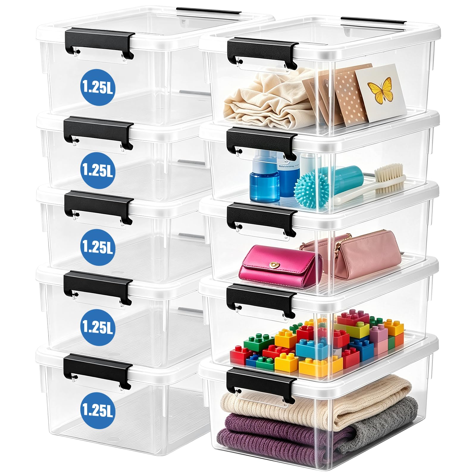 Storage Boxes with Lids, 10 Pack 1.25L Small Plastic Storage Box with Lid