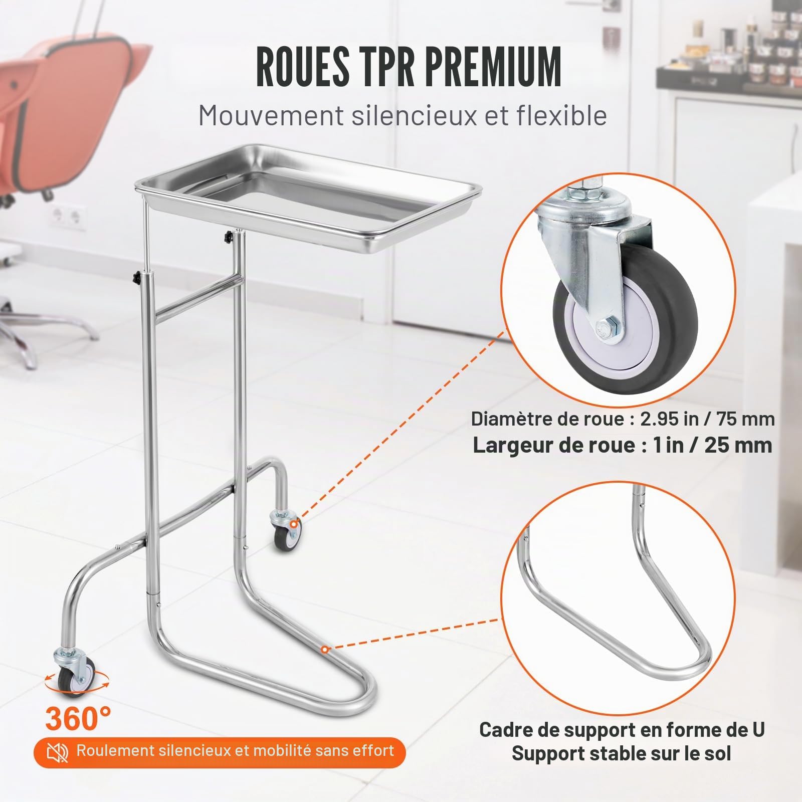 VEVOR Chariot de Laboratoire en Acier Inoxydable, Chariot Médical Mobile avec Plateau Unique, Chariot Utilitaire Hauteur Réglable, avec 2 Roues Silencieuses, pour Laboratoire, Clinique, Hôpital, Salon