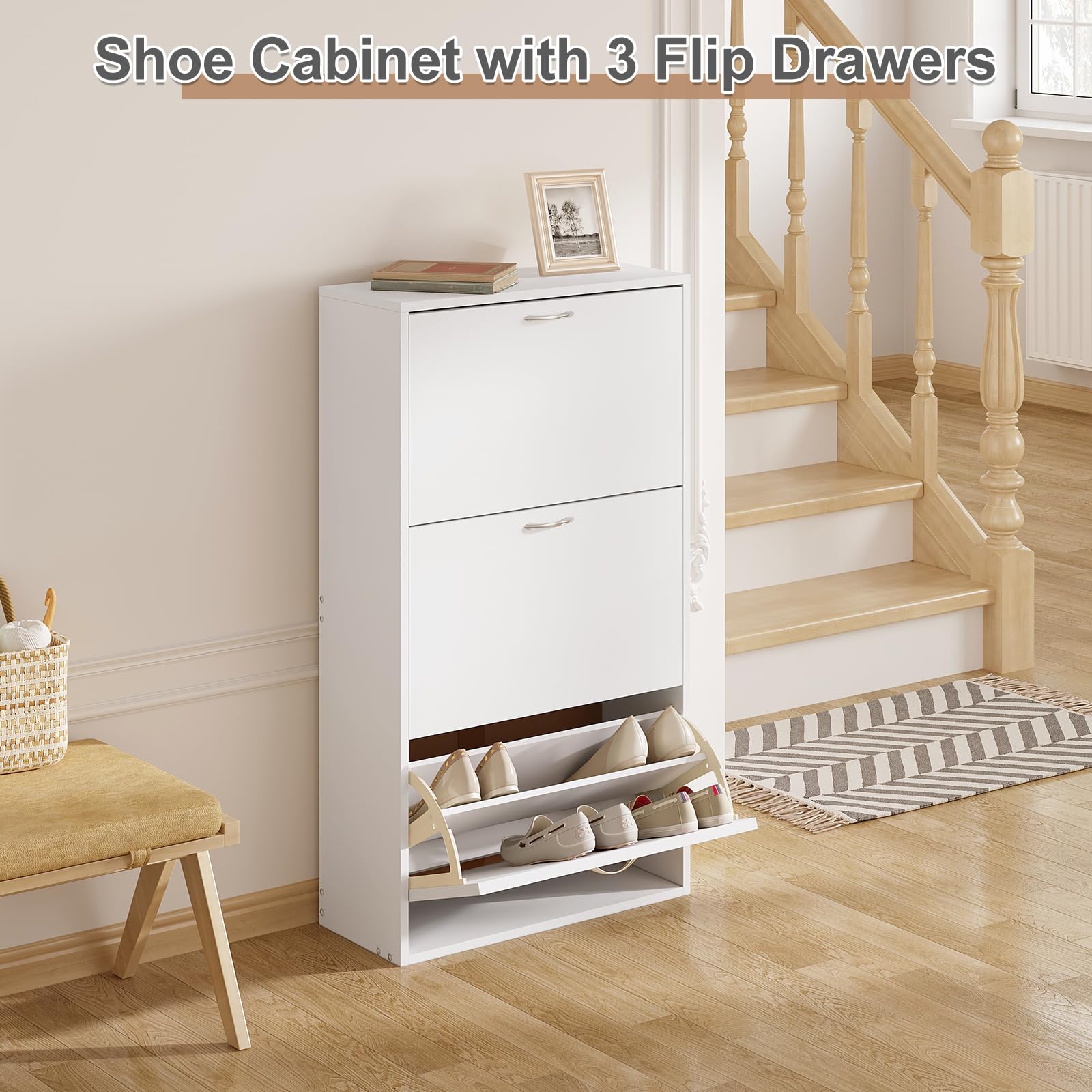 WOLTU Schuhregal schmal hoch, Schuhkipper mit 3 Klappen, Schuhschrank weiß, Schuhkommode platzsparend, Schrank für Schuhaufbewahrung, Schuhorganizer, aus MDF