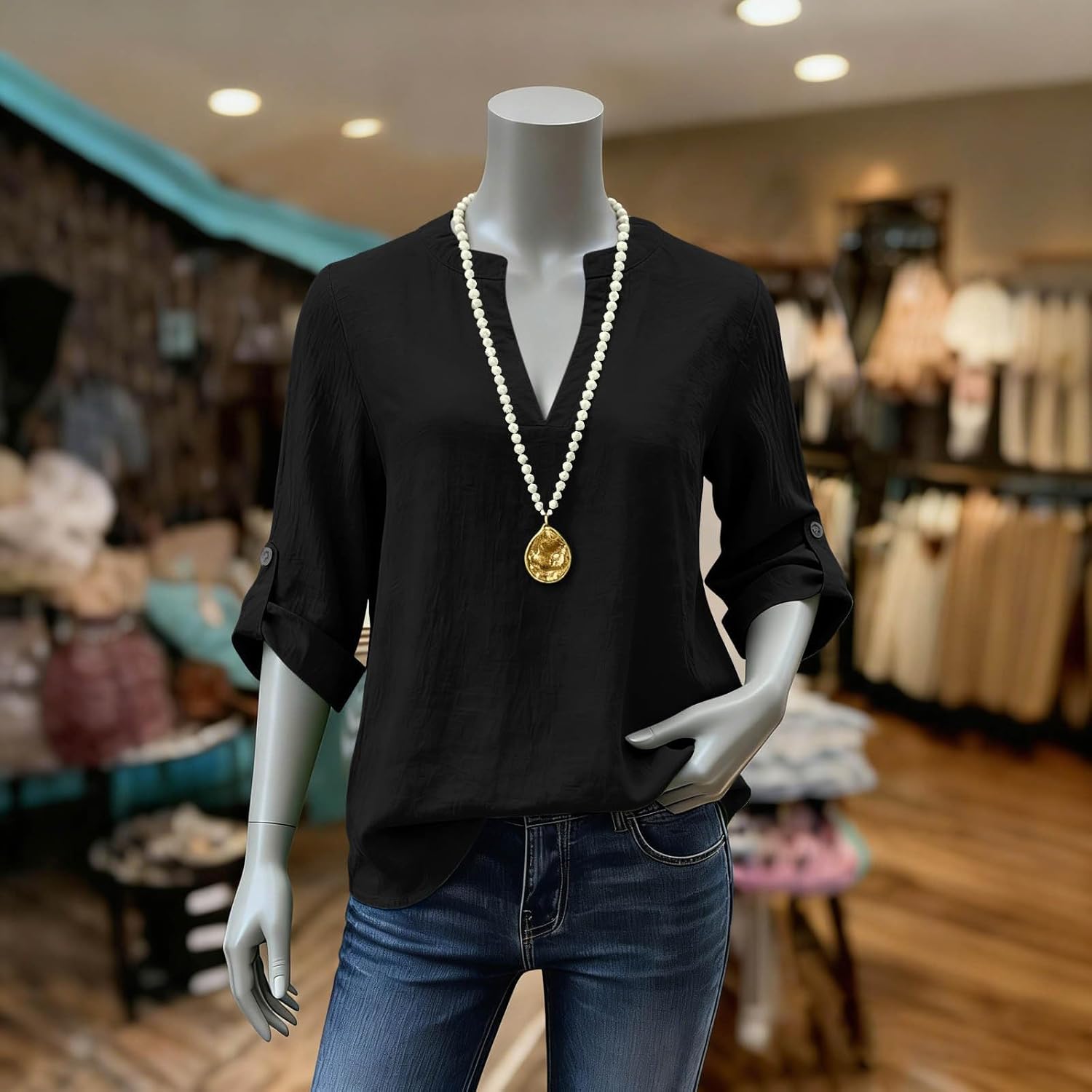 Womens 3/4 Sleeve Cotton Linen Shirts Casual Tree Quarter Length Sleeve Linen Tops Summer V Neck Loose Fit Blouses - Image 2