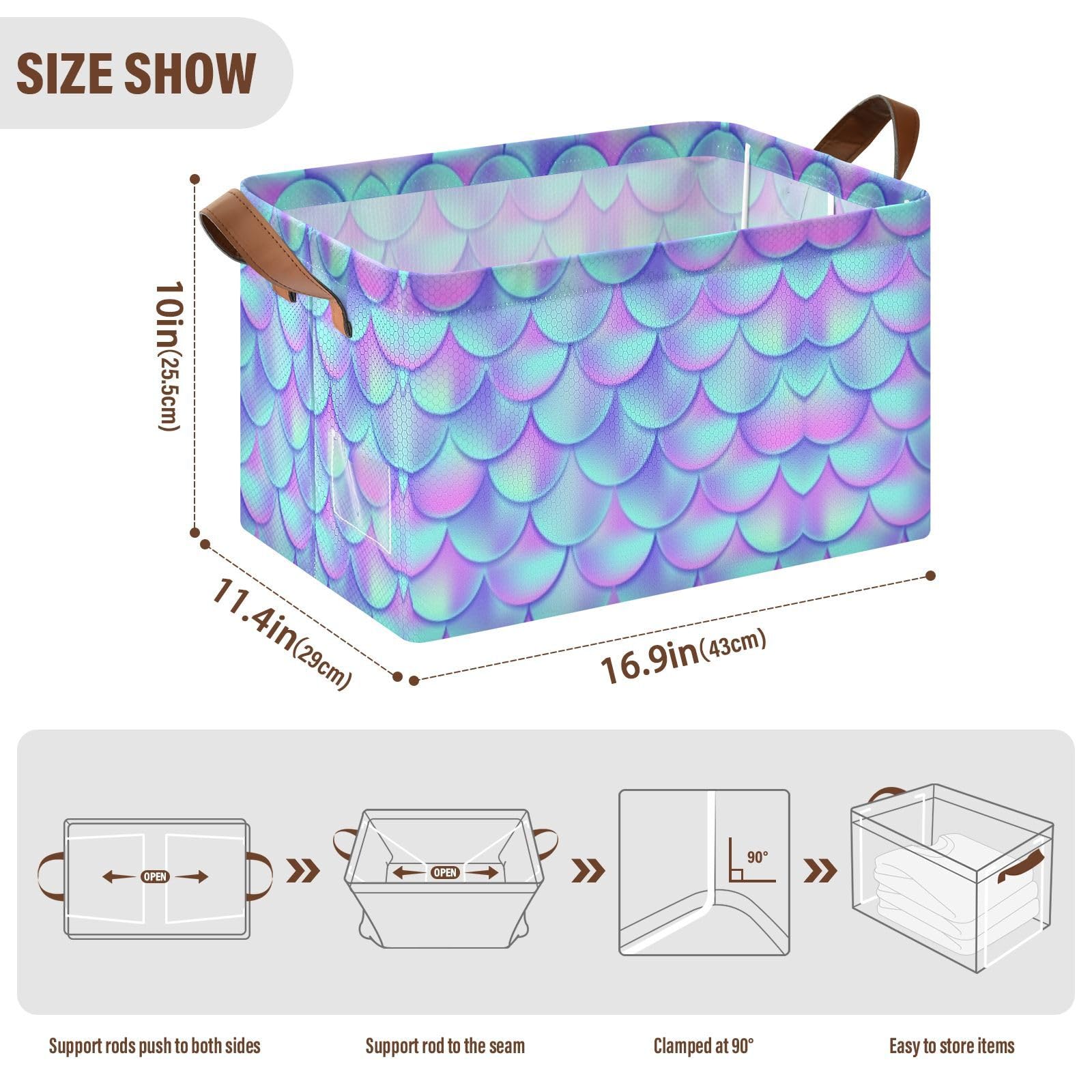 Mermaid Fish Tail Scales Purple Blue Gradient Style Fish Scales 1PC Rectangle Foldable Frame Basket Leather Handles Storage Bin for Laundry Bathroom Organizer M 16.9 x 11.4 x 10 inch