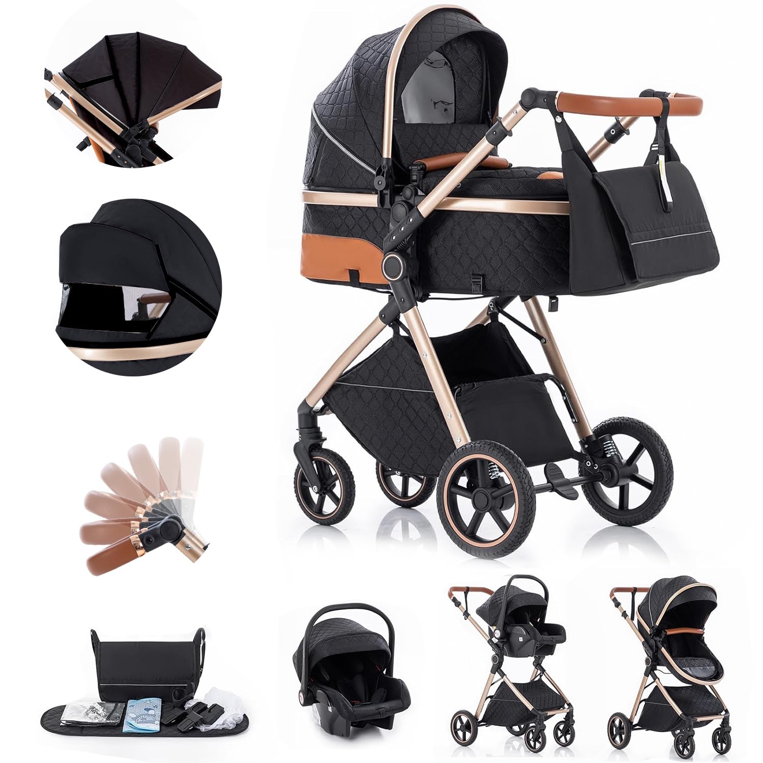 Gcarebb Sistema da Viaggio 3 in 1, Passeggino con Telaio in Alluminio e Copertura Antipioggia