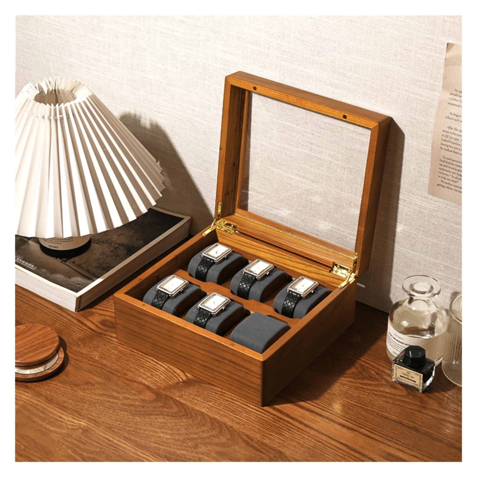 1 caja organizadora de reloj de madera con rejilla 1/6 | Caja de reloj de madera de rejilla 1/6, caja de almacenamiento de reloj portátil con almohada y bolsa(Single Gray)