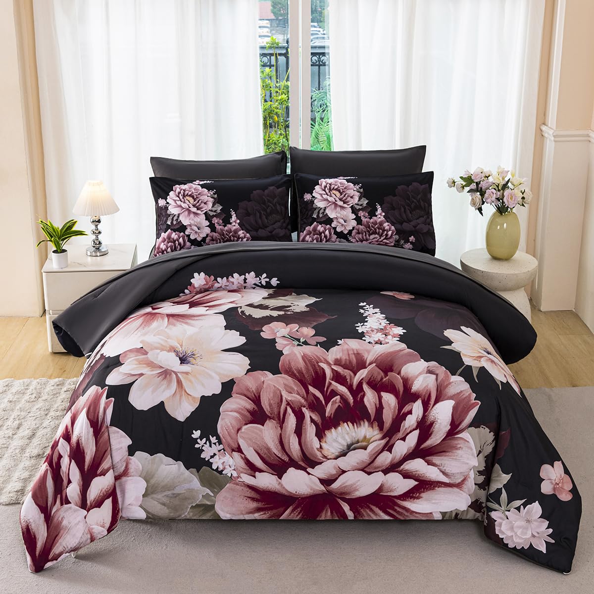 Full Size Floral Bedding Comforter Sets Black-Gray Bed in A Bag for Women Adults Soft Fluffy 7 Pieces Flower Bed Set for All Season(Black-Gray, Full)