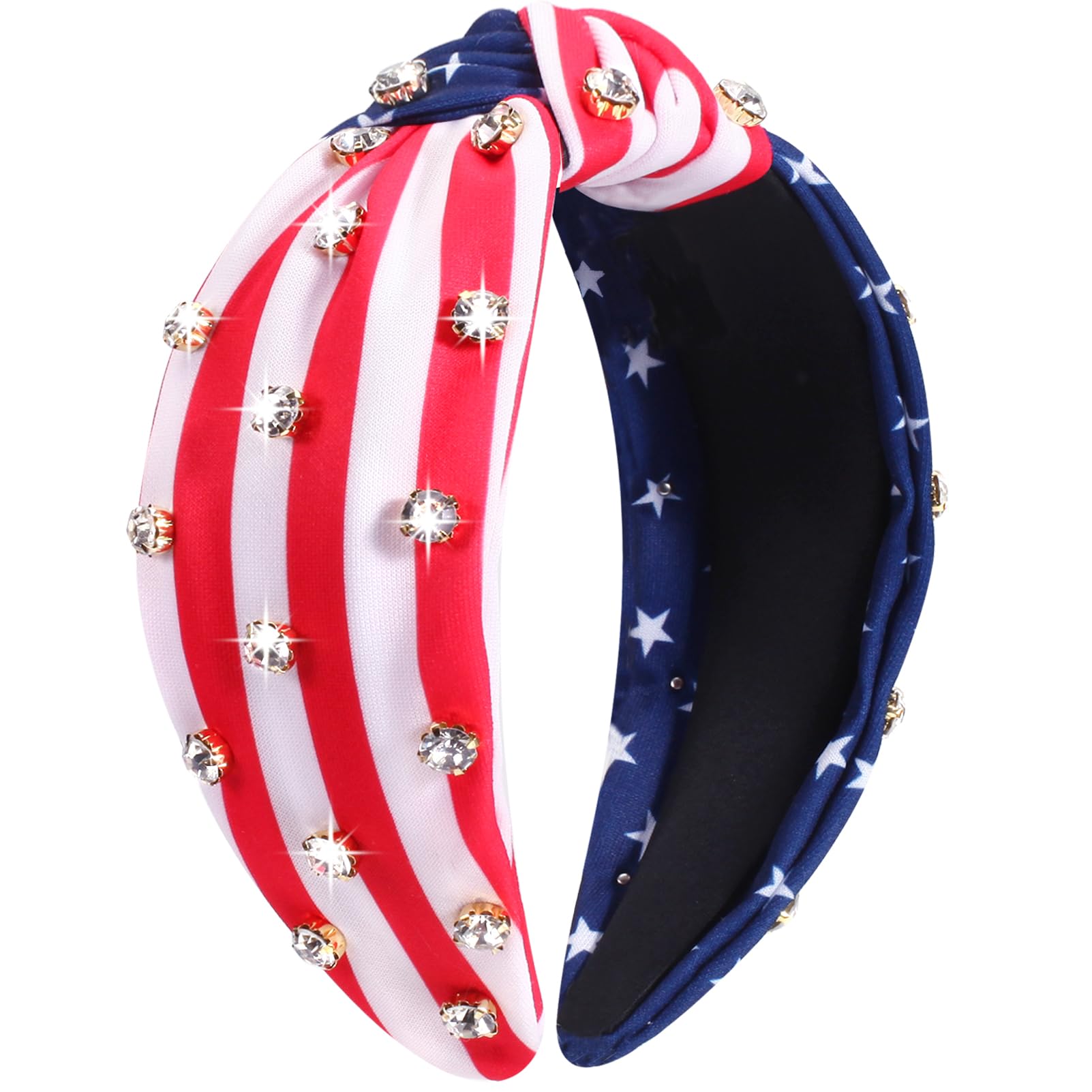 4 th of July Headbands for Women Girls American Flag Wide Knottted Headband USA Red White and Blue Rhinestone Patriotic Headbands Crystal Jeweled