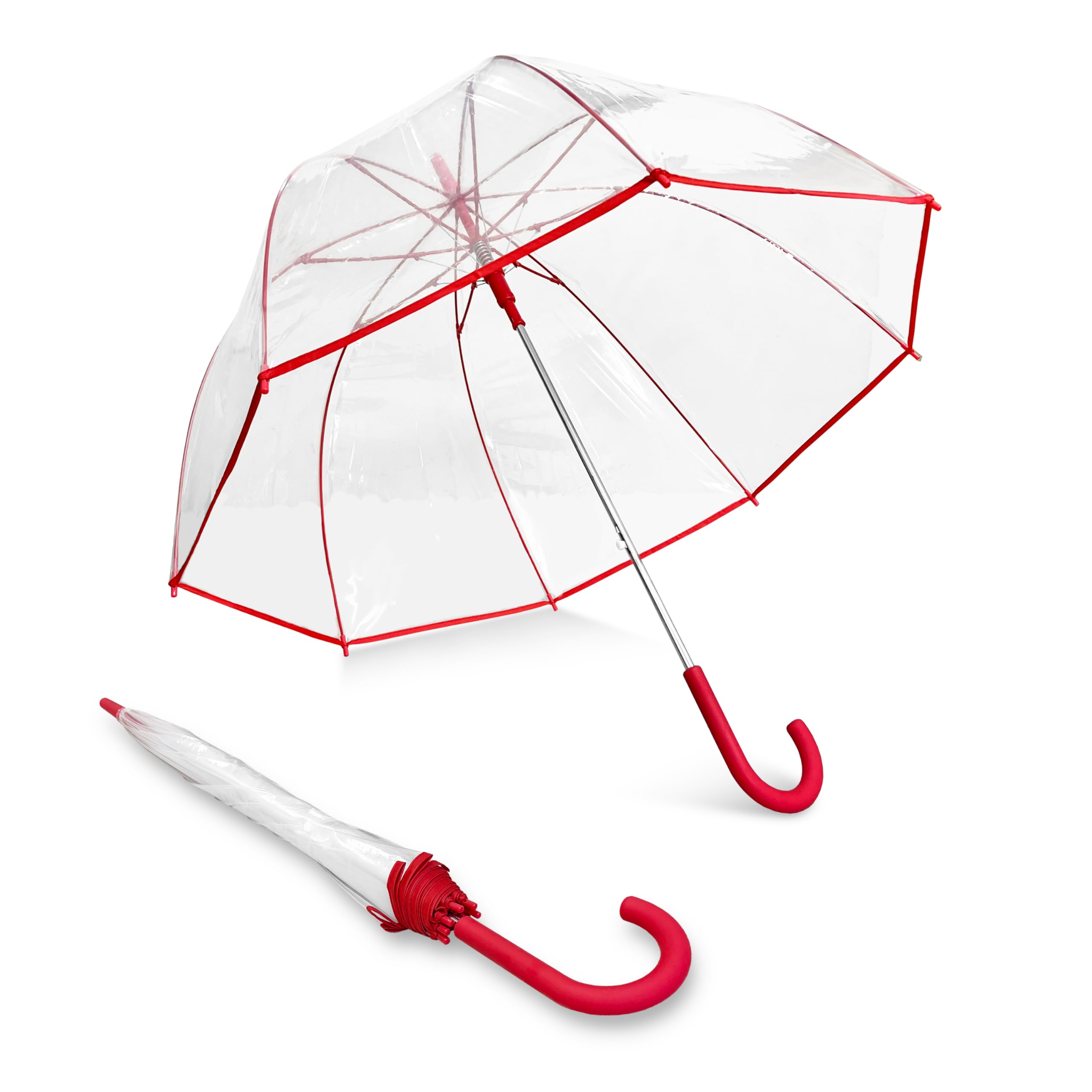 Weather Station Clear Dome Rain Umbrella - Automatic Open, Bubble, Transparent, Red Trim