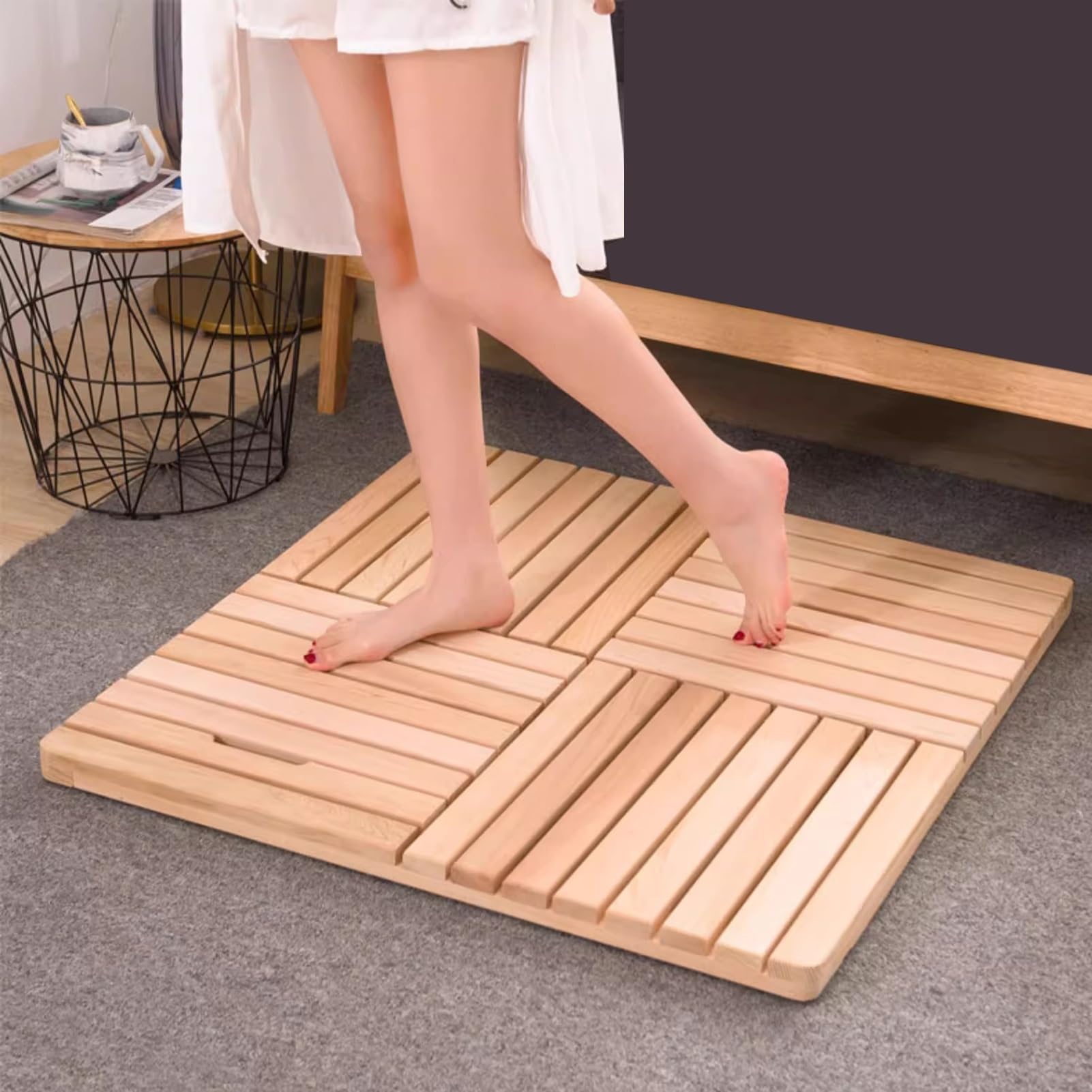 Quadrato Pedana Doccia Antiscivolo per Il Bagno, Lusso Pedana Doccia in Legno Massiccio (Non Verniciato), Pesante Pedana Doccia Legno con Cuscinetto in Gomma Antiscivolo(50x50cm)