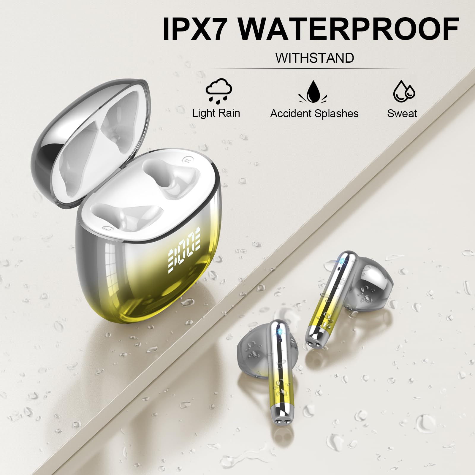 Cuffie Bluetooth, Auricolari Bluetooth 5.3 Incorporato Driver da 13mm, Cuffie Wireless con Bassi Icmmersivi, IP7 Impermeabili Cuffiette Bluetooth, 40H Cuffie Senza Fili con Display LED, Giallo - Vista 7