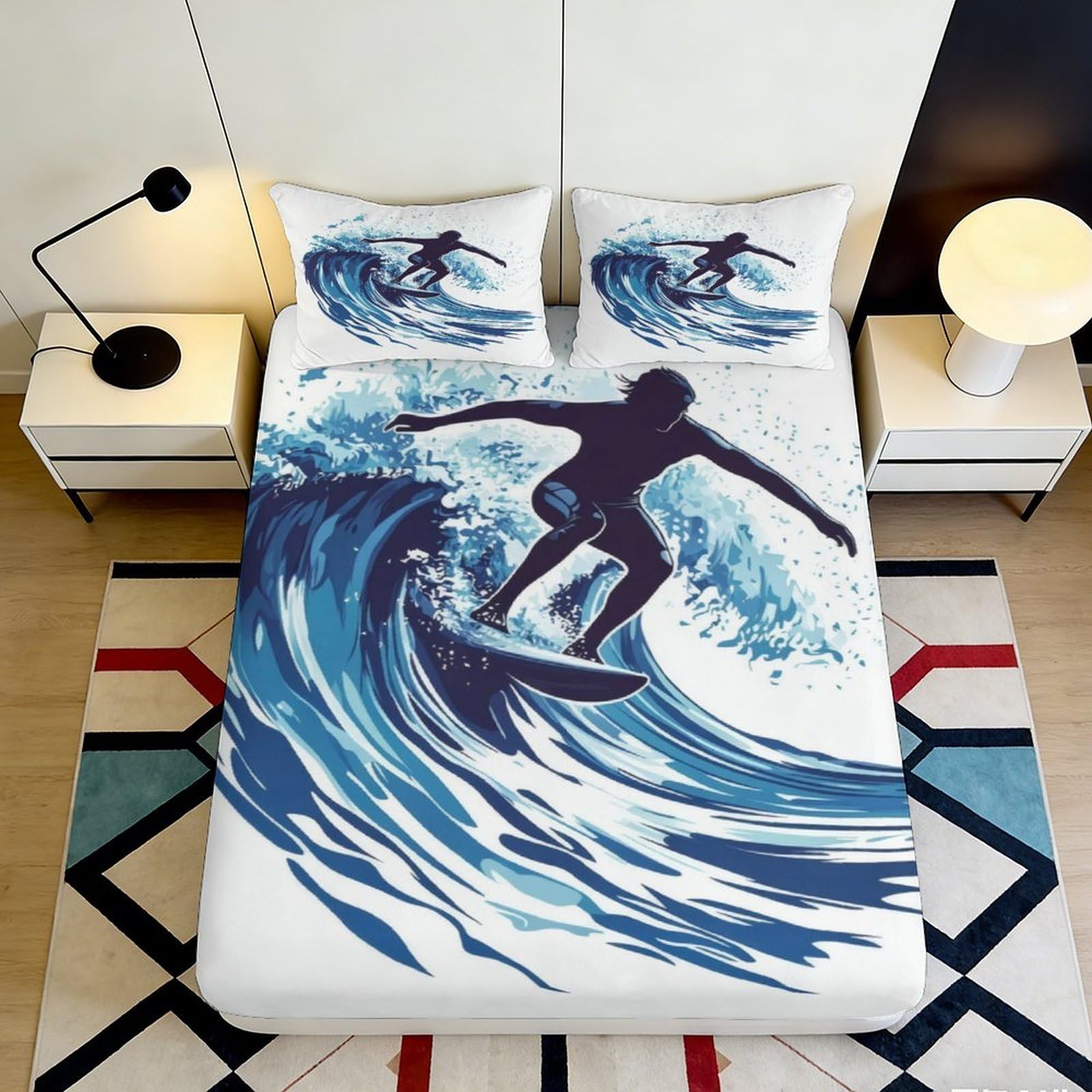 3D Printed Surfing Wave Fitted Sheet Microfiber Soft Durable Ocean Pattern Bed Cover for Bedroom Dorm Dormitory Guest Room Mattress Protection 120x200x25cm