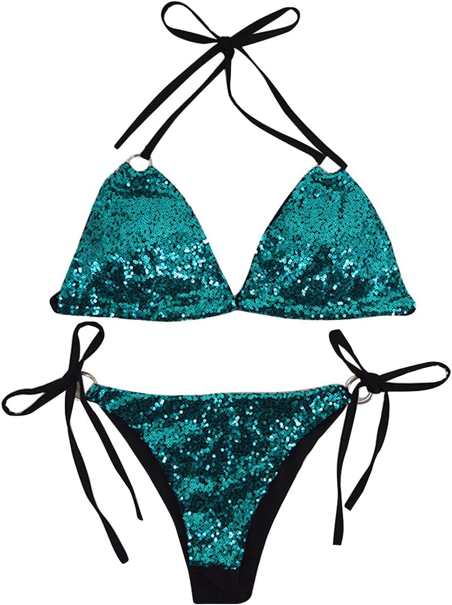 Women Triangle Bikini Set 2 Pieces Shiny Sequin Sexy String Beachwear Cross High Neck Halter Swimsuit