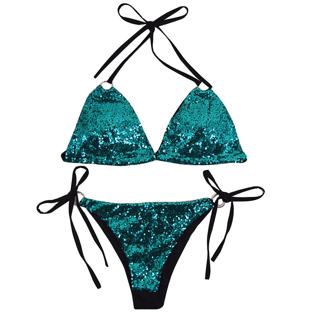 Women Triangle Bikini Set 2 Pieces Shiny Sequin Sexy String Beachwear Cross High Neck Halter Swimsuit