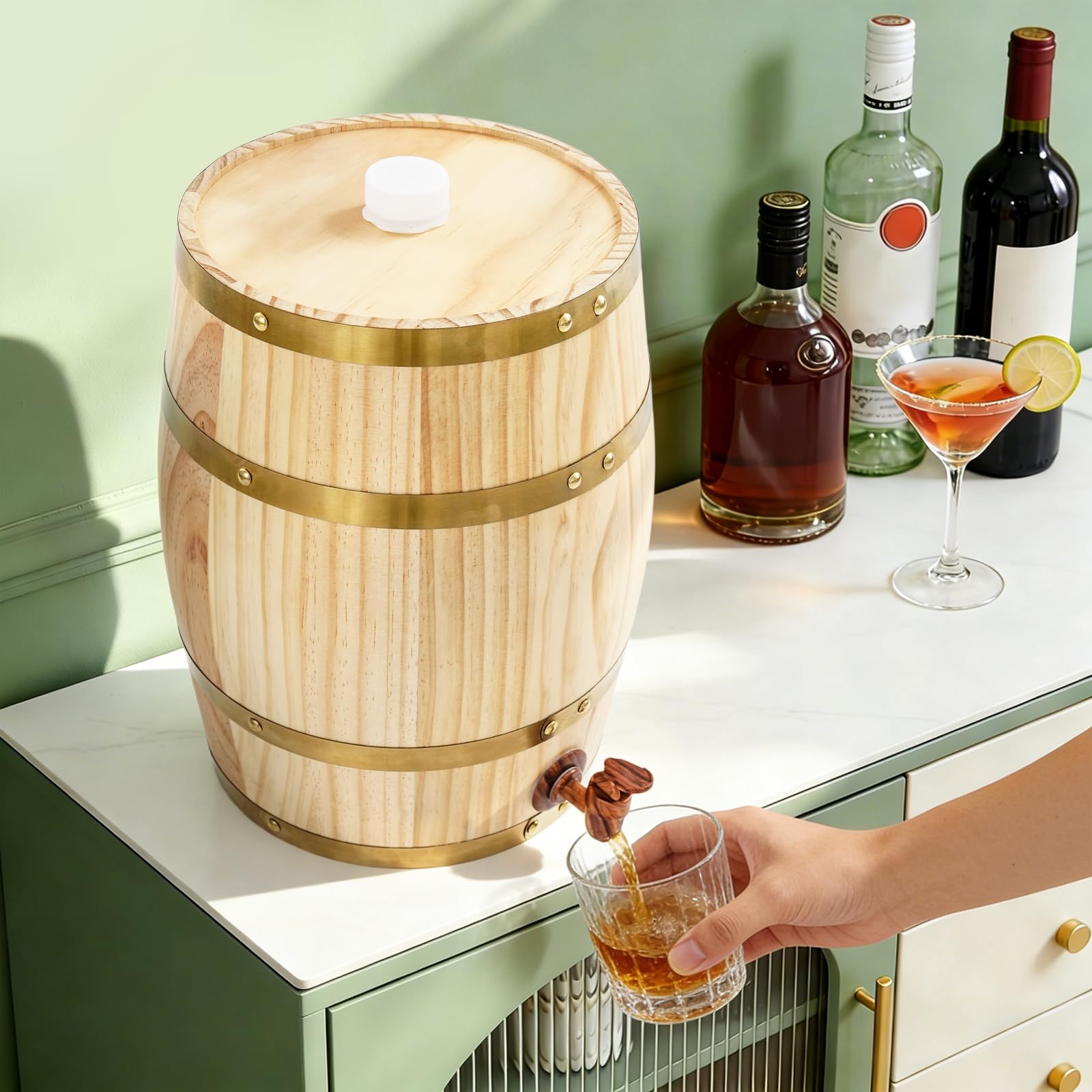 Botte in legno da 10 litri con rubinetto, botte di pino per vino, whisky, liquore - barile per maturità, 26 x 33 cm