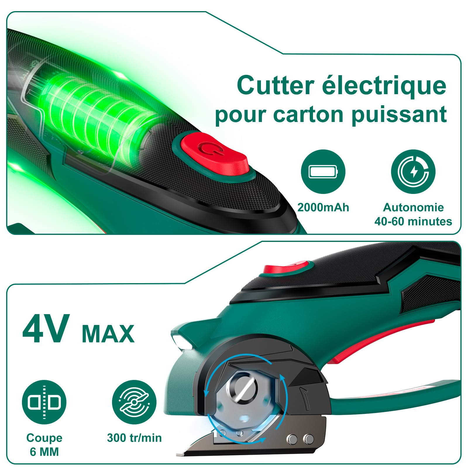 HYCHIKA Ciseaux Electrique Tissu Couture 4V, Ciseaux Electrique 300 tr/min, Avec 2 Lames et LED, Cutter Rotatif Couture pour Tissu, Couture, Cuir, Tapis, Carton, Plastique