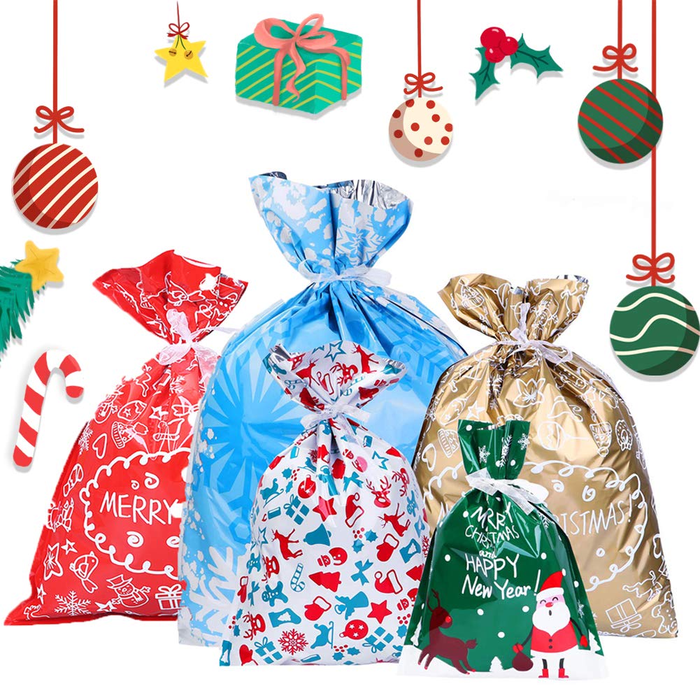 30 Pcs Bags Christmas Goody Bags Holiday Wrapping Bags Xmas Party Favor Pouch Goody Bags with Ribbon Ties for Gifts Party Decorations (5 Styles)
