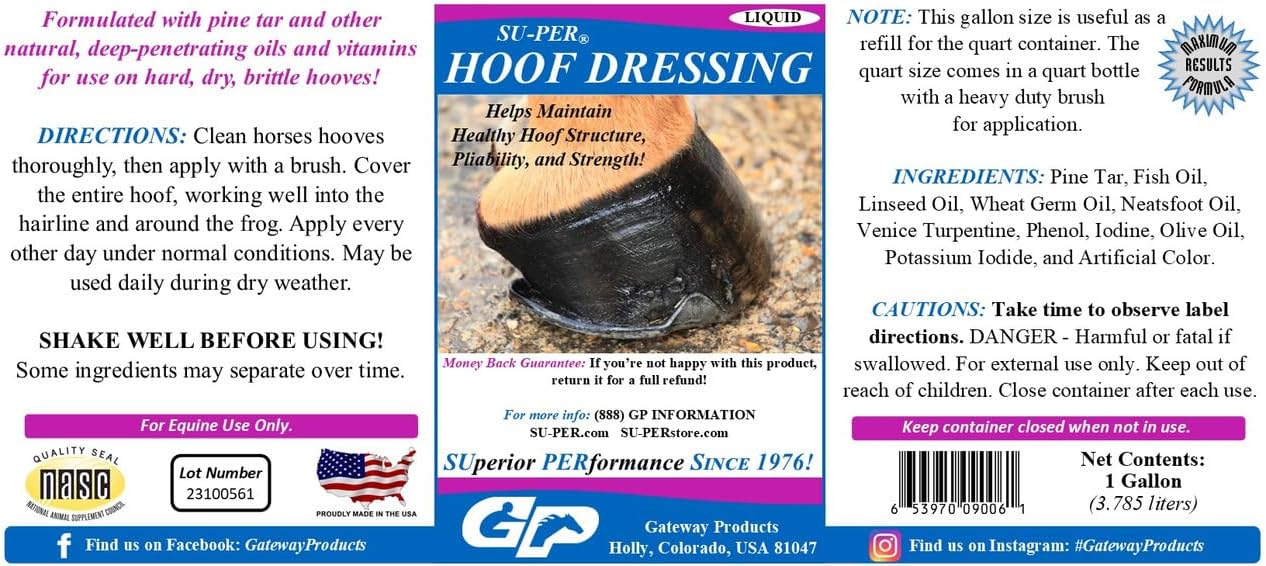 SU-PER Hoof Dressing for Horses - Helps Maintain Healthy Hoof Structure, Pliability, and Strength - Made with Fish Oil, Pine Tar, and Essential Oils - 1 Gallon
