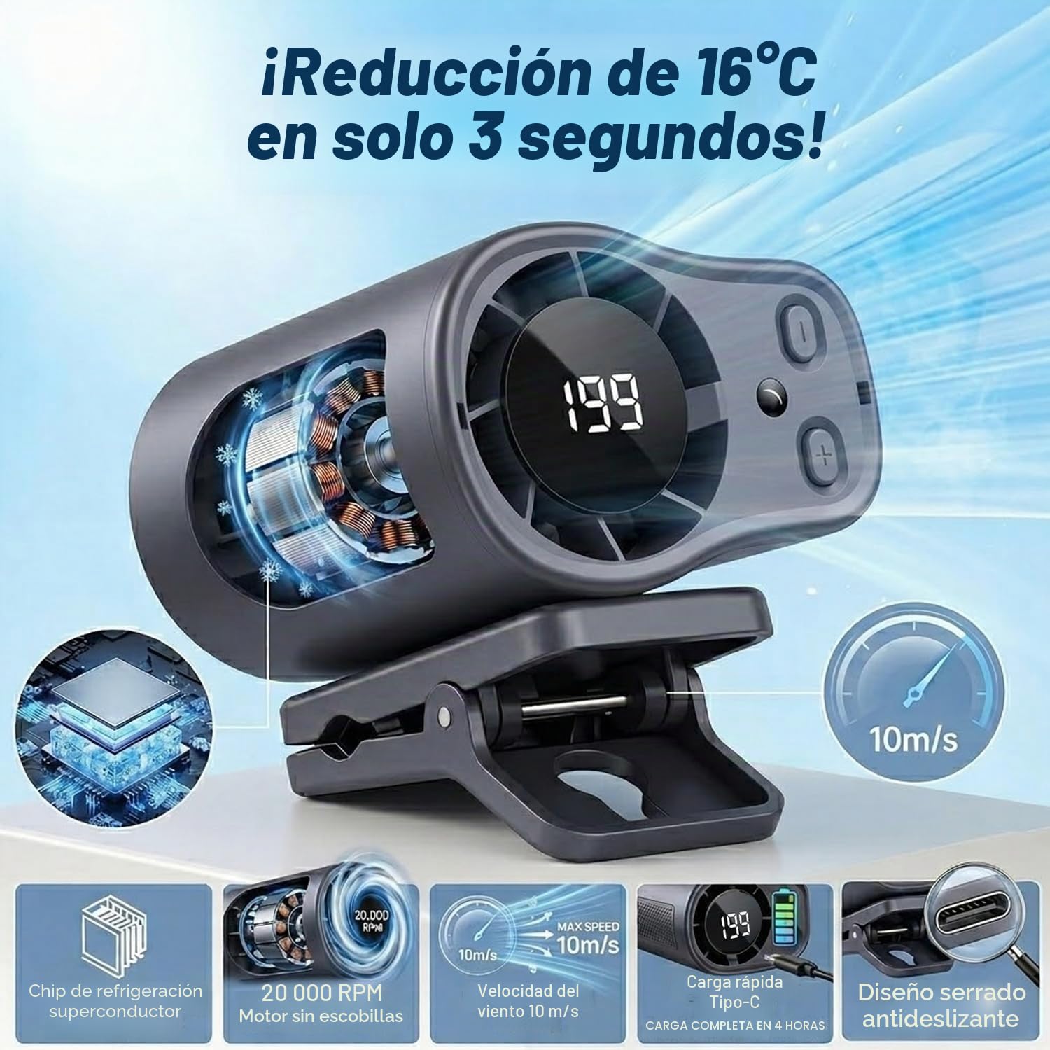 Acondicionador de aire portátil con clip para coche, mini ventiladores de refrigeración personal recargables por USB, 2026 con pantalla LED, rotación de 360°, 199 velocidades ajustables para el hogar