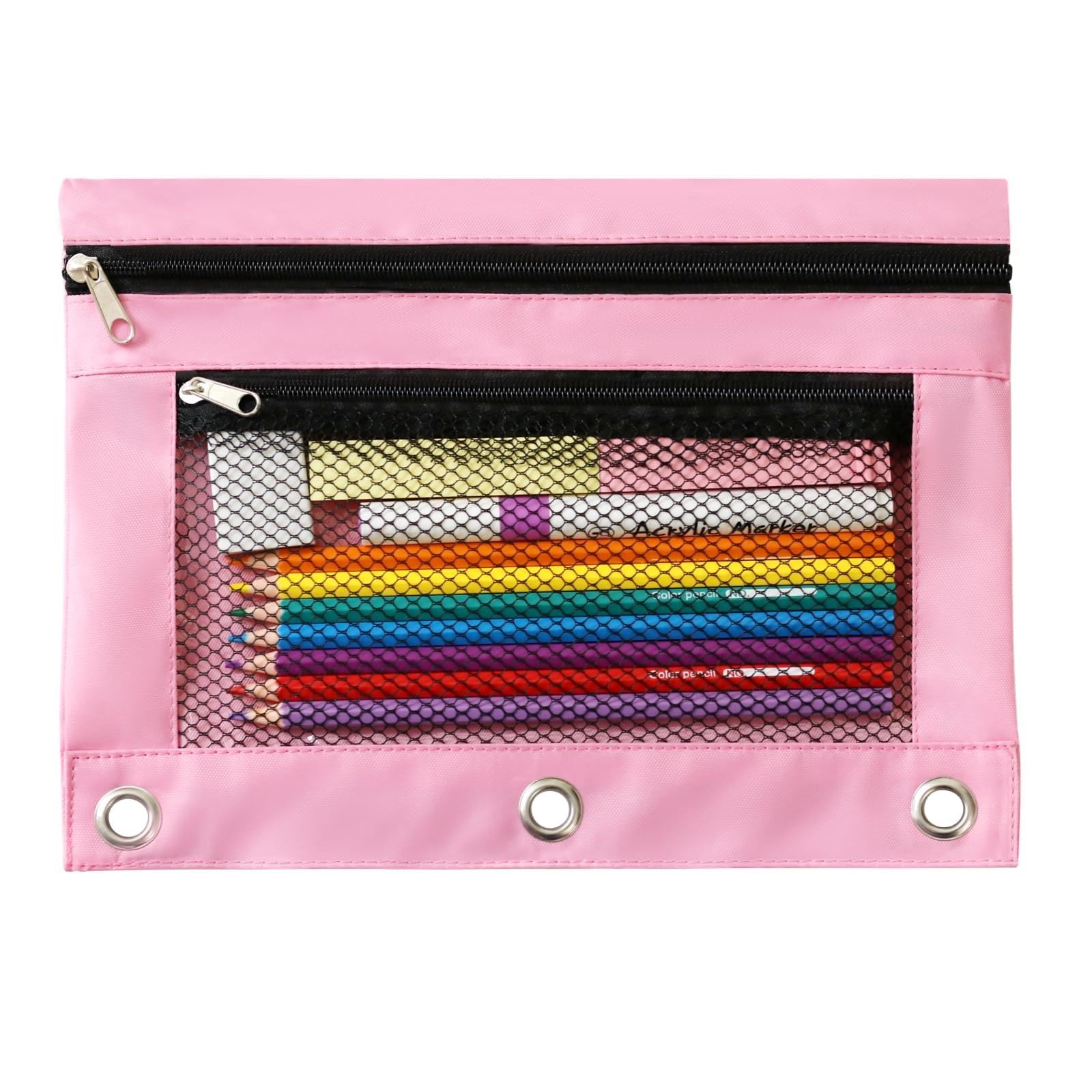 3 Ring Pencil Pouch for Binder, 2-Pocket Zipper Pencil Case with Clear Window &amp; Mesh Pocket, Heavy Duty 600D Oxford Fabric Binder Pouch for School Office Supplies (Light Pink)