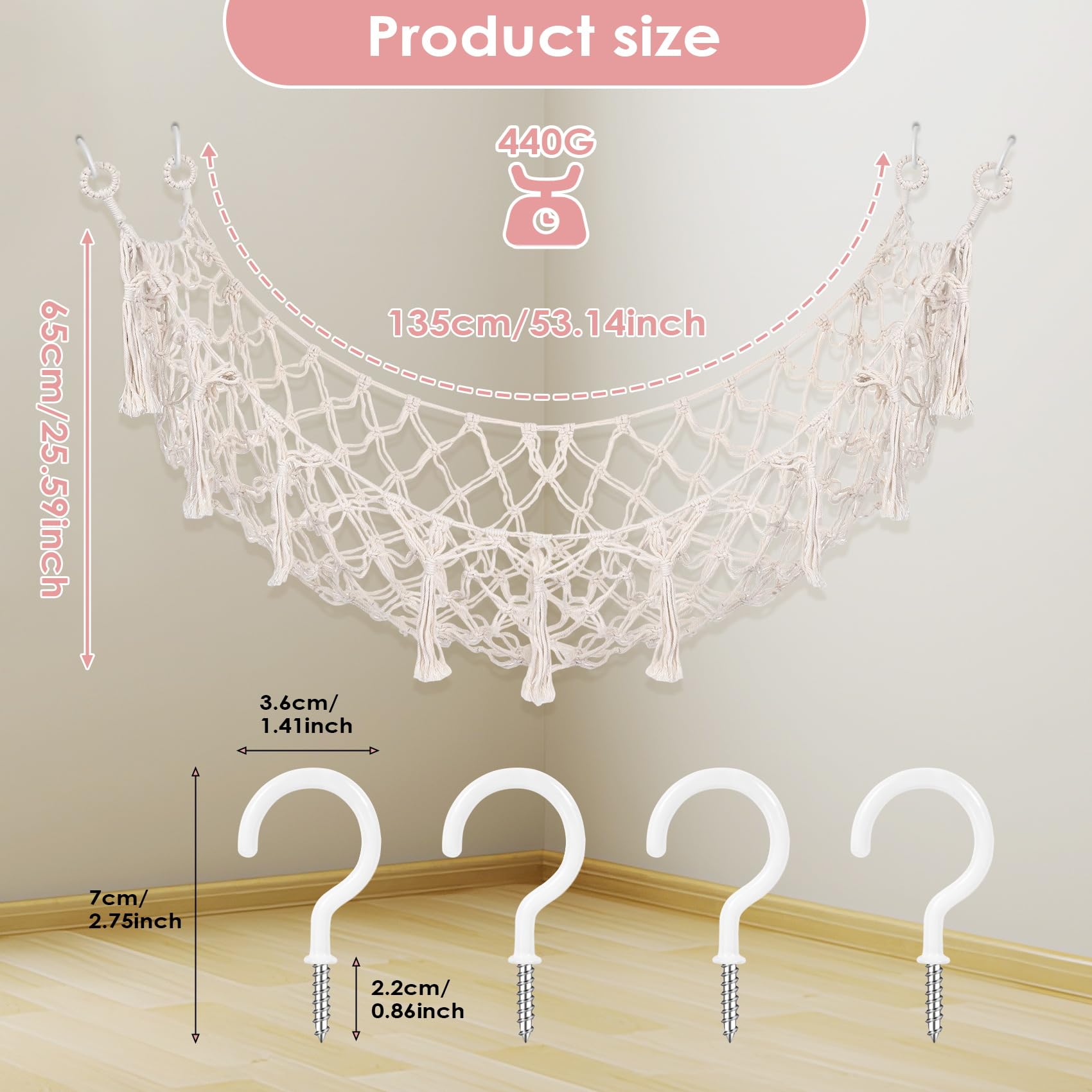 Hamac Carré en Macramé Bohème pour Animaux en Peluche, Filet de Rangement Mural en Coton, Blanc