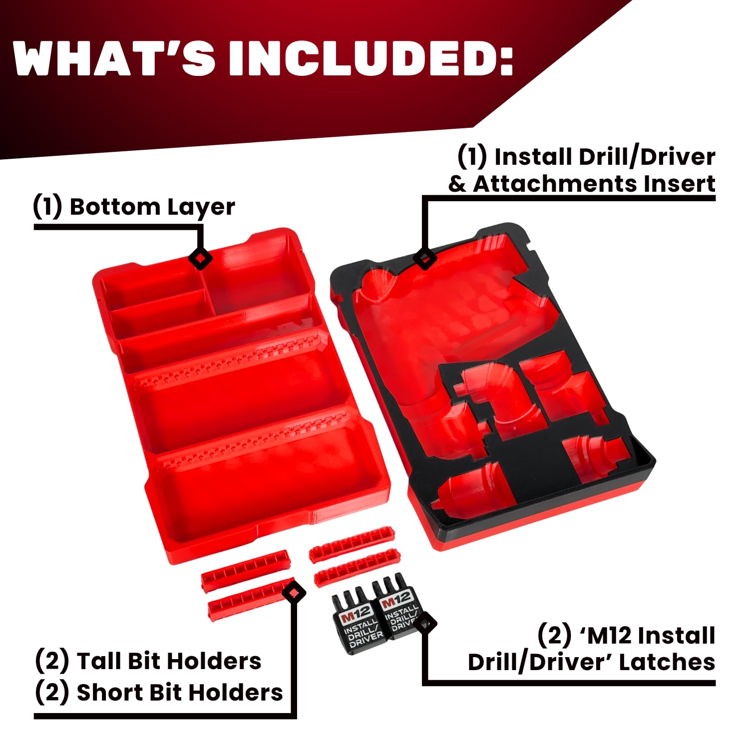 M12 Zainstaluj wiertło / sterownik wkładka PACKOUT | Kompatybilny z Milwaukee 2505-22 | Niestandardowy organizer na narzędzia z nadrukiem 3D