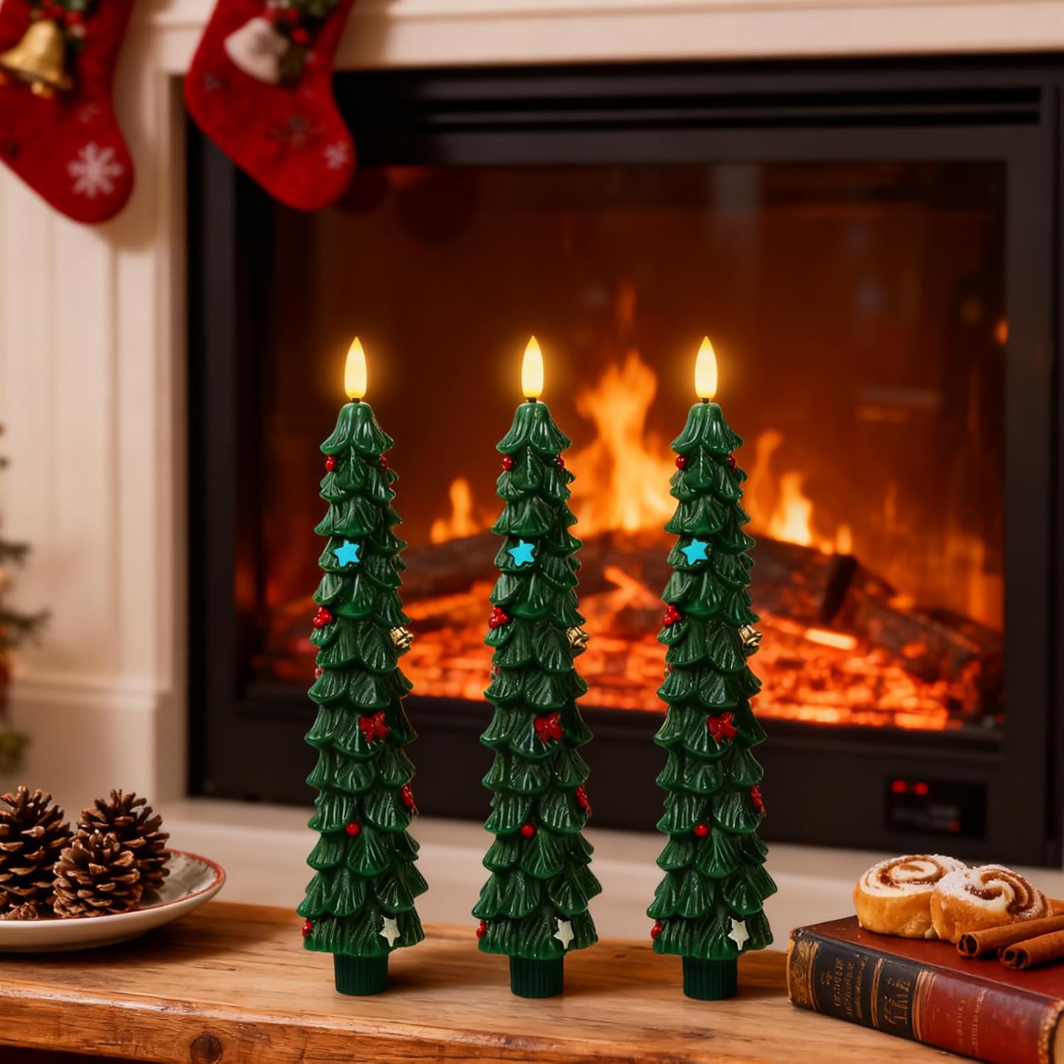3 Pcs Flameless Taper Candles, Funny Christmas Tree Candles with Remote, Flickering LED Window Candlelights Real Wax Candlesticks for New Year Celebration Holiday Decorations 9.7 Inches