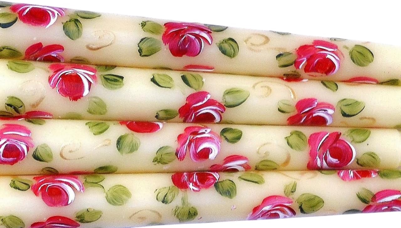 Romantic Spring Decor Decorative Set of Four Short 6 Inch Long Ivory Taper Candles with Hand Painted Deep Pink Roses and Golden Swirls Goddess Arts Collection Design