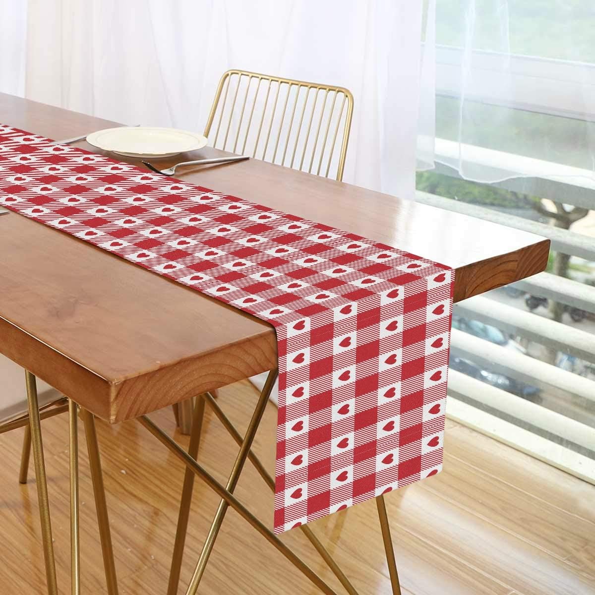 Super Deal Product Oarencol Valentine's Day Red Heart Table Runner 13x70 inch Double Sided, Vintage Plaid Stripe Polyester Rectangle Table Cloth for Wedding Kitchen Party Dining Home Decor