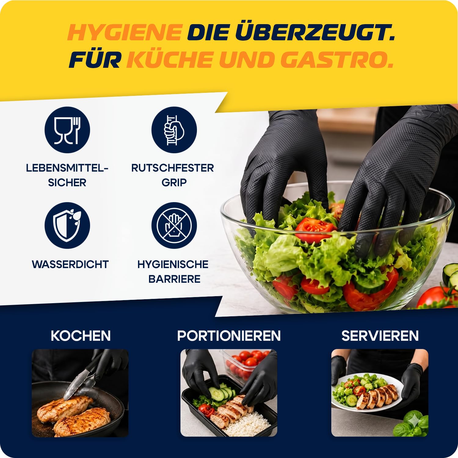 Nitrilhandschuhe extra dick mit Diamanttextur für starken Grip – Einweghandschuhe puderfrei, latexfreie Handschuhe silikonfrei – verstärkte Stulpe, Schwarz (L, 1000, stück, 10)