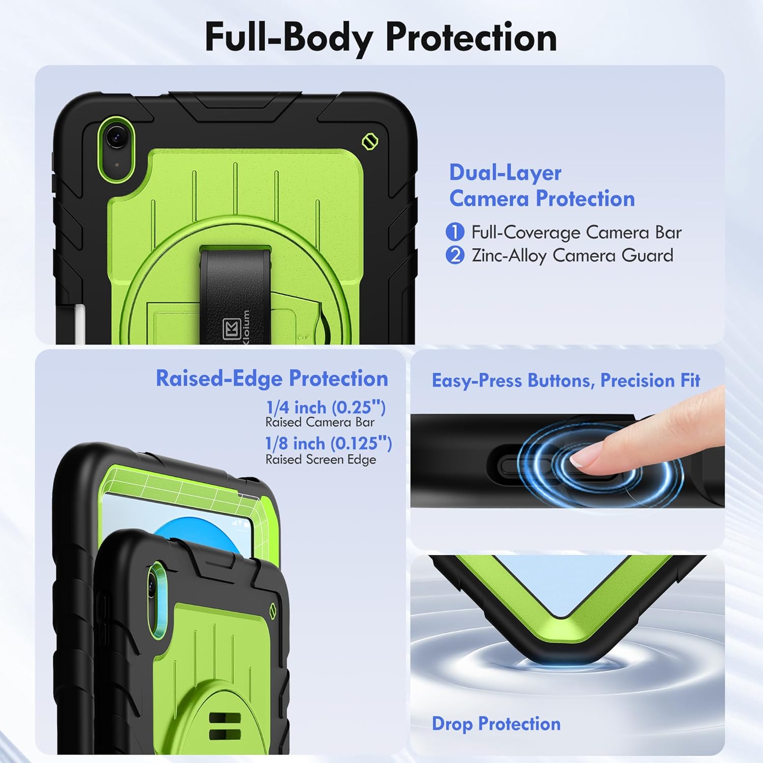 Case for iPad A16 (2025) 11th/10th Gen (11″/10.9″, 2022), Heavy Duty Shockproof Full-Body Cover with Pencil Holder, 2-in-1 Hand/Shoulder Strap, 360° Rotating Kickstand (Black+Green)