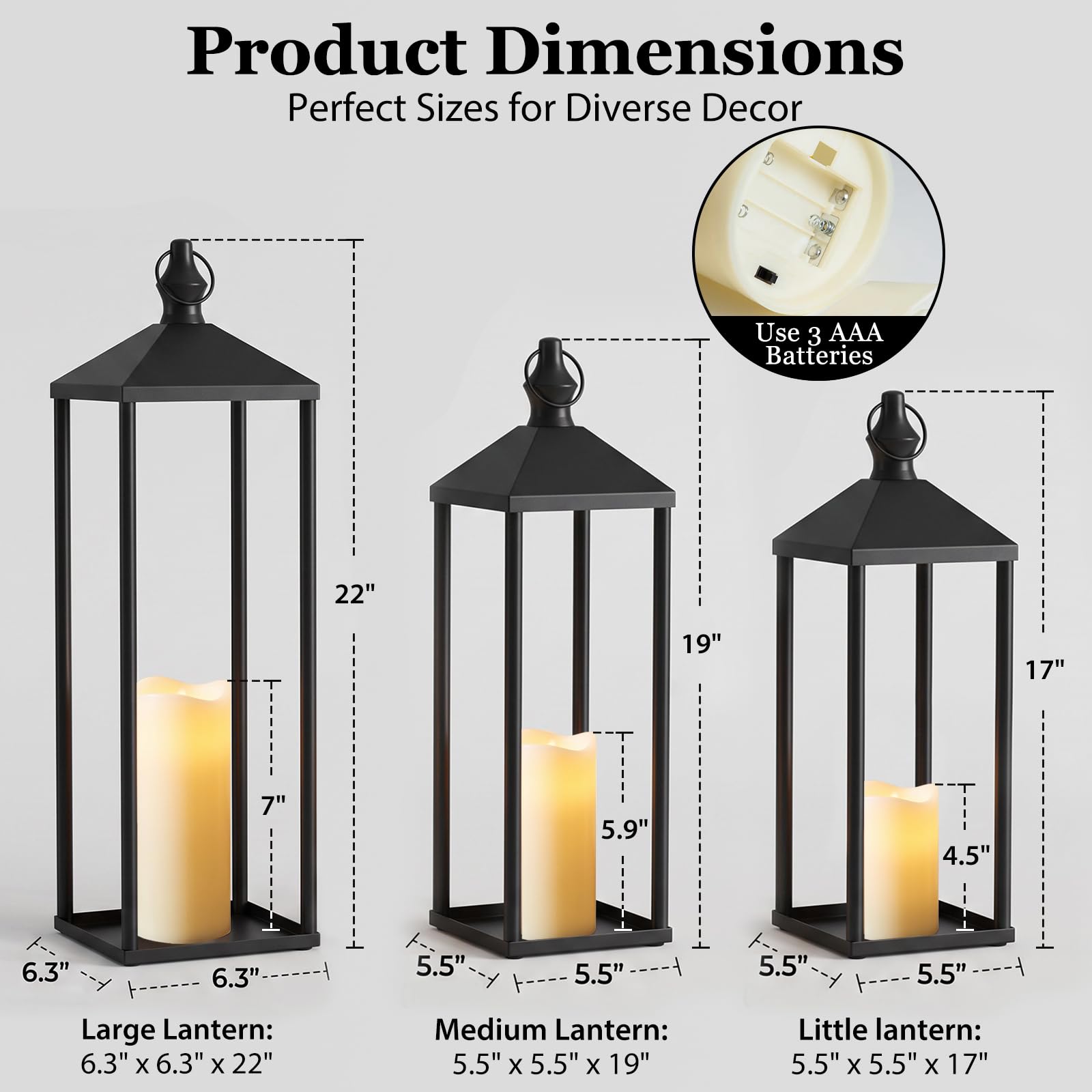 Lot de 3 lanternes à bougie en métal noir - Lanternes décoratives de 55,9