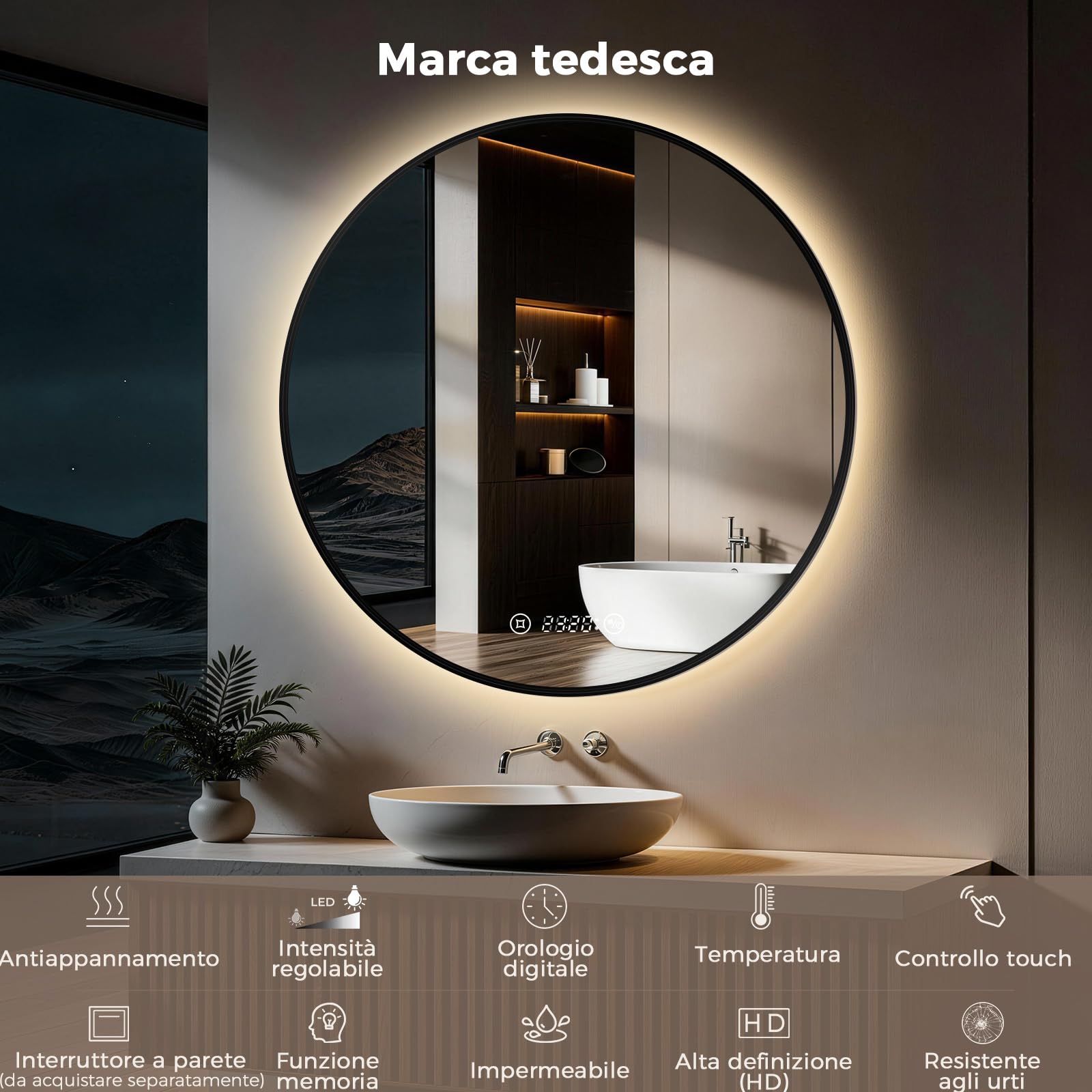 S'AFIELINA Specchio Bagno con Luce rotondo Ø 60 × 3 cm (P), Cornice Nera, Touch, Dimmerabile, Antifog, Orologio, Temperatura, Funzione Memoria, Specchio Bagno Retroilluminato, HD Vetro Temperato