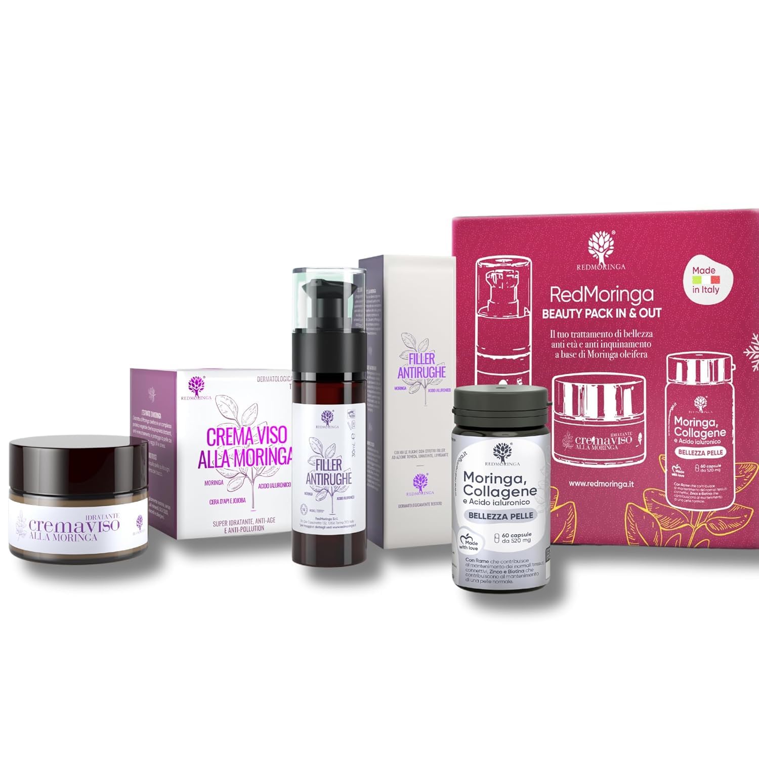 Geschenkset für Damen, komplettes Hautpflege-Set auf Basis von Moringa Bio | mit Gesichtscreme, Anti-Faltenserum, Kollagen-Ergänzungsmittel | Geschenkidee für Damen RedMoringa Hautpflege-Set |