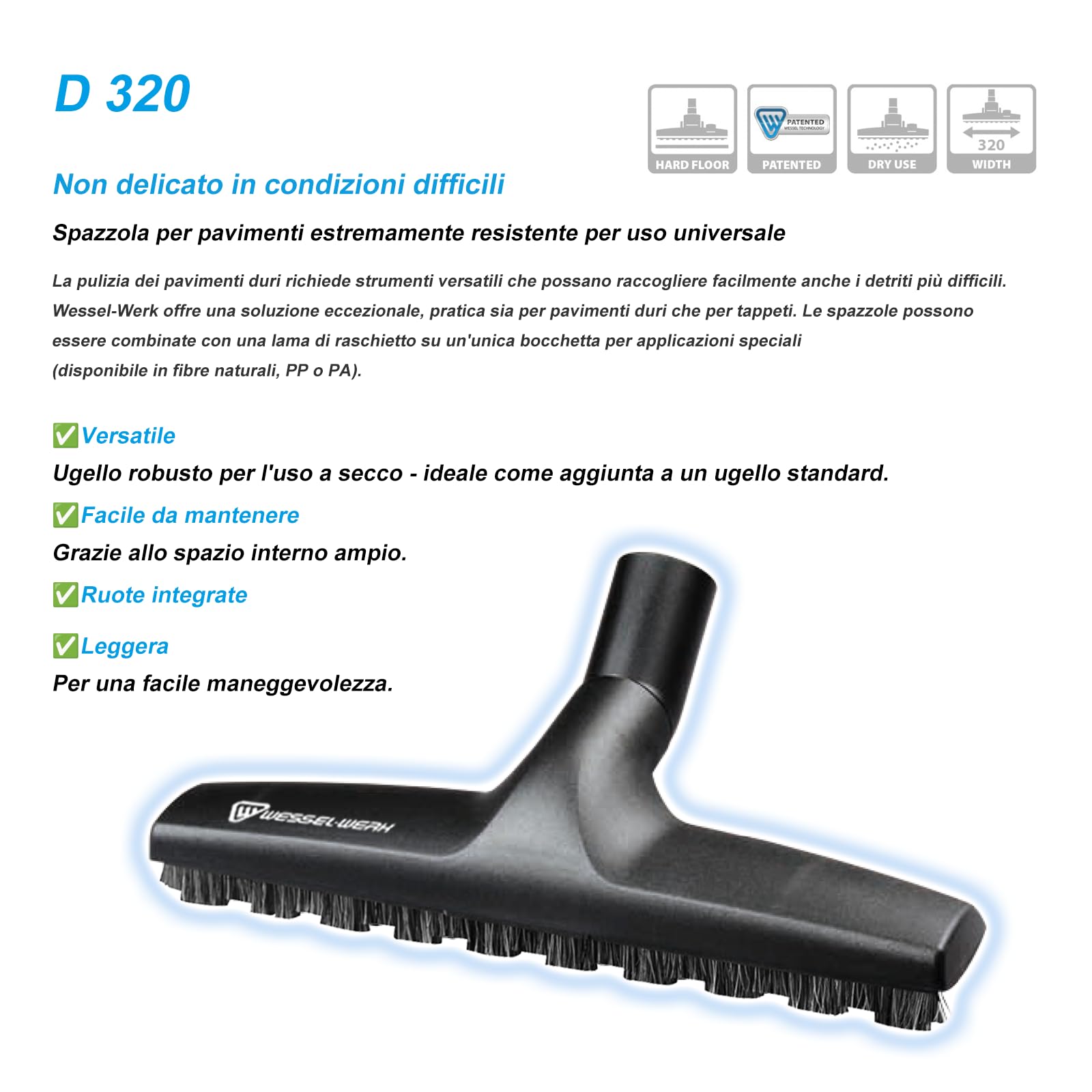 Wessel-Werk Germania Spazzola D320 32–35mm, 320mm, setole naturali in crine per pavimenti duri (vinile, piastrelle, legno, parquet), compatibile con Rowenta, Bosch, Kärcher, Cecotec, Eureka, Nilfisk