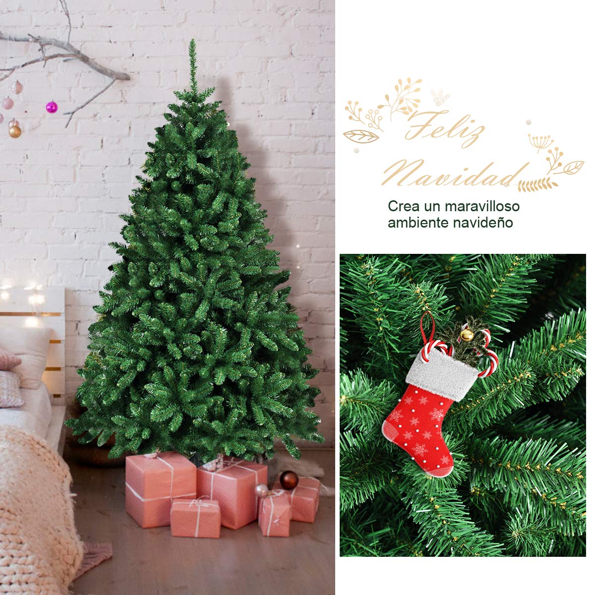 COSTWAY Árbol de Navidad Verde 180 cm, Abeto Artificial, Base de Metal y Agujas de PVC 1335 Ramas, Arvore de Natal Hogar Oficina Tienda (Altura 180cm)