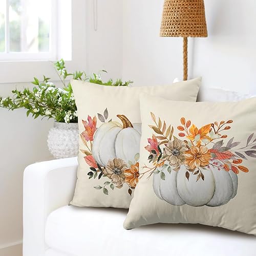 Miniatura 8 de Fundas de almohada de Acción de Gracias de 18 x 18 pulgadas, juego de 2 fundas de almohada de otoño con diseño de flores de calabaza, fundas de