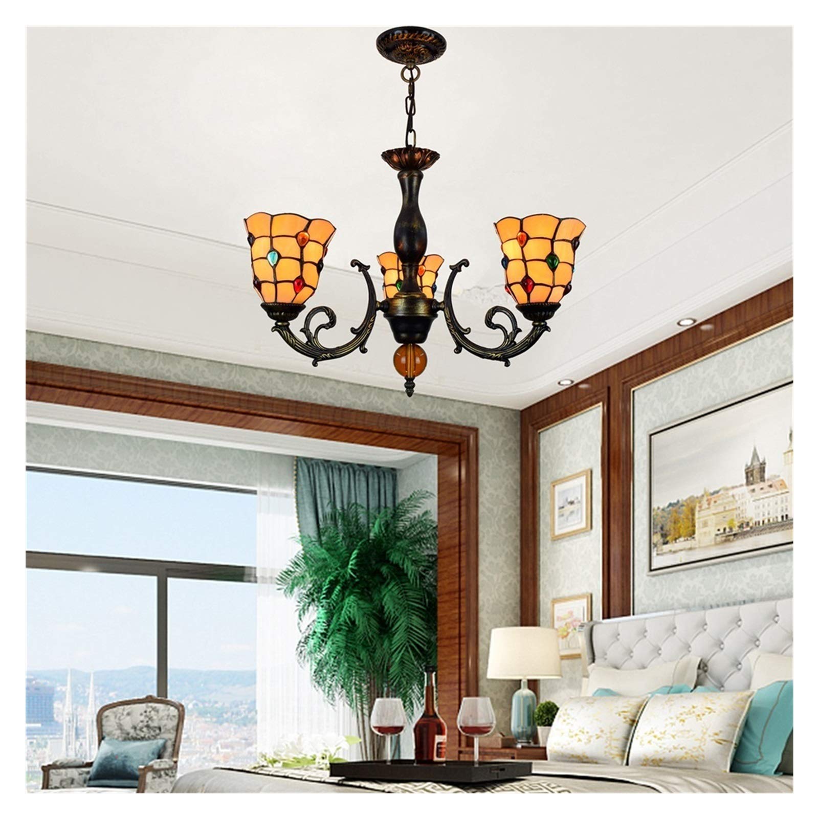 Żyrandol Tiffany 6-calowy stylowy klosz Witraż Wisiorek ze szkła Lampa wisząca z 3 ramionami Kolorowa lampa wisząca Odwrócona lampa wisząca sufitowa