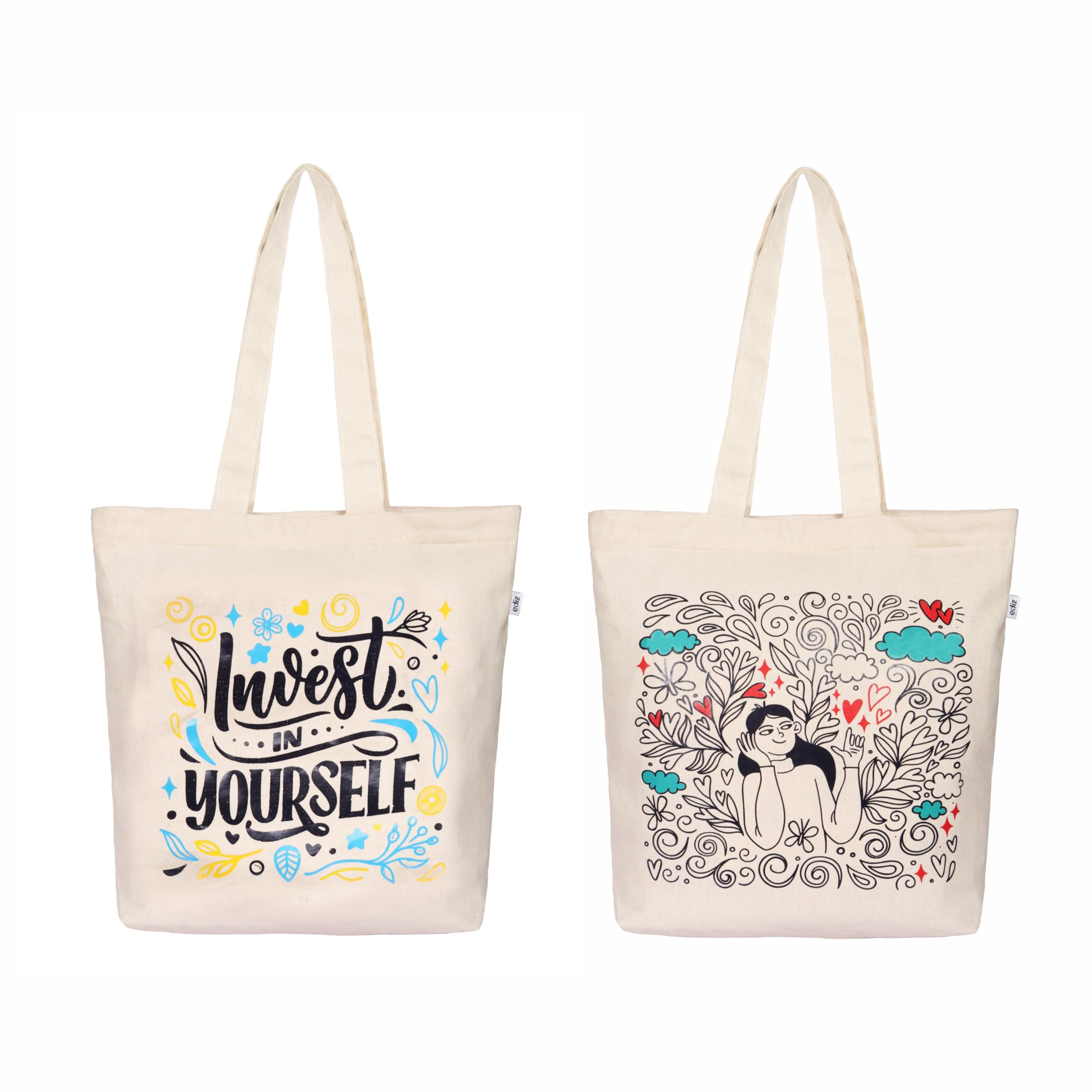 EDIZ Tote Bags for Women with Zip, College Bag for Girls, Pure Cotton Tote Bag for Shopping, Travel & Beach - Pack of 2. (B0CX5M8W8N) Amazon Price History, Amazon Price Tracker